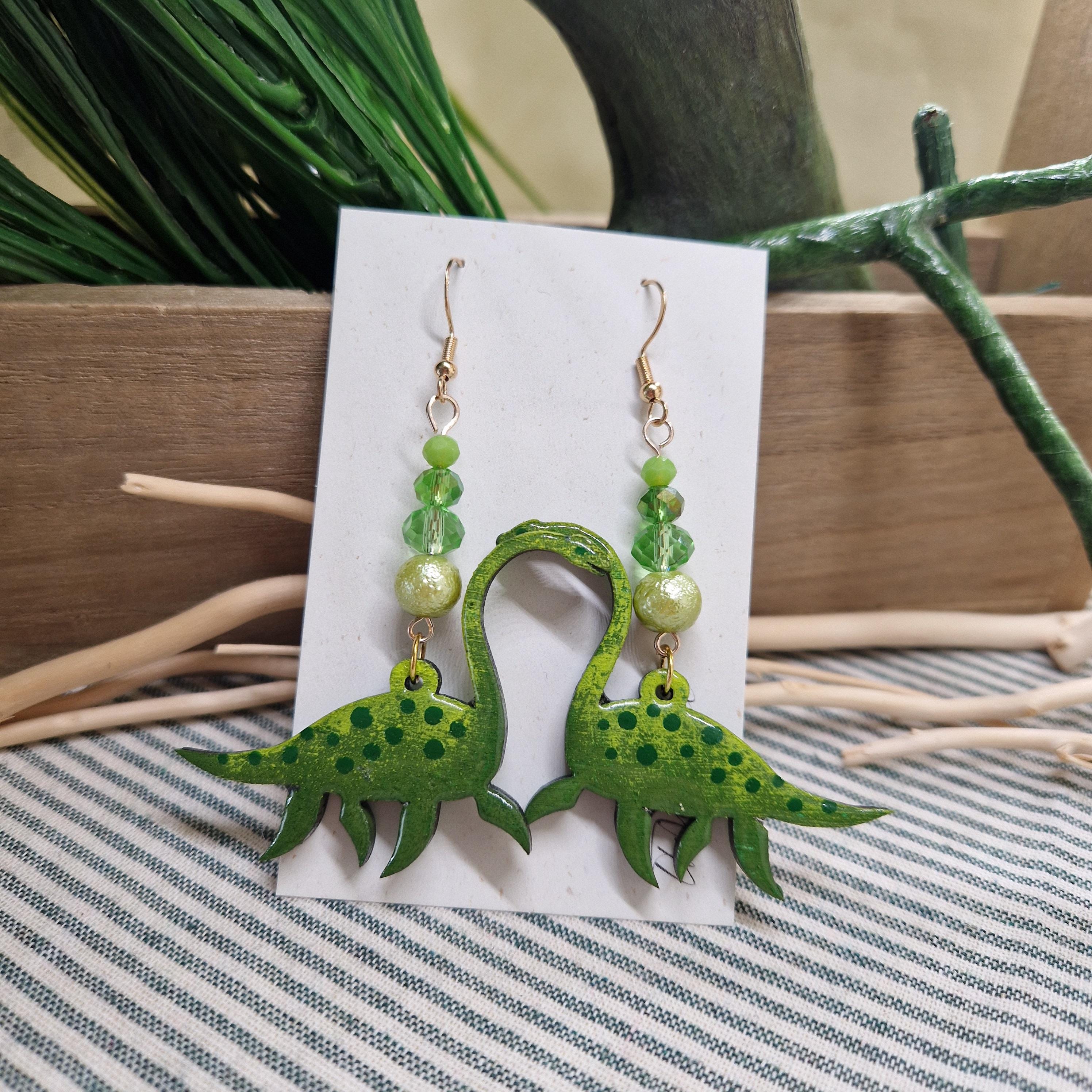Handmade Loch Ness Monster Earrings – Wood & Resin with Salvaged Beads – Quirky Scottish Gift