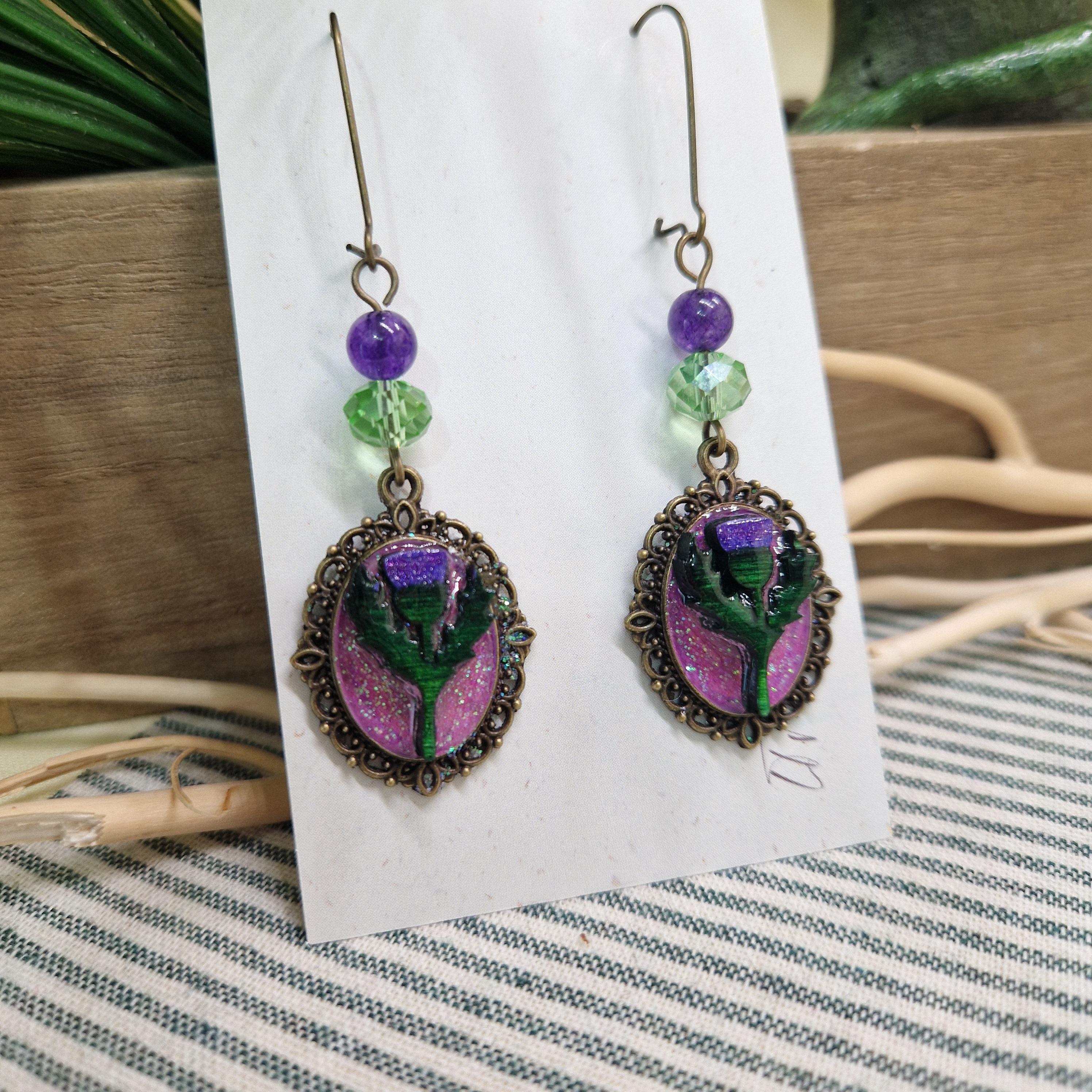 Handmade Thistle Earrings – Wooden & Resin Enamel with Vintage Glass Beads | Botanical Earrings | Scottish Flower Jewellery | Choose style