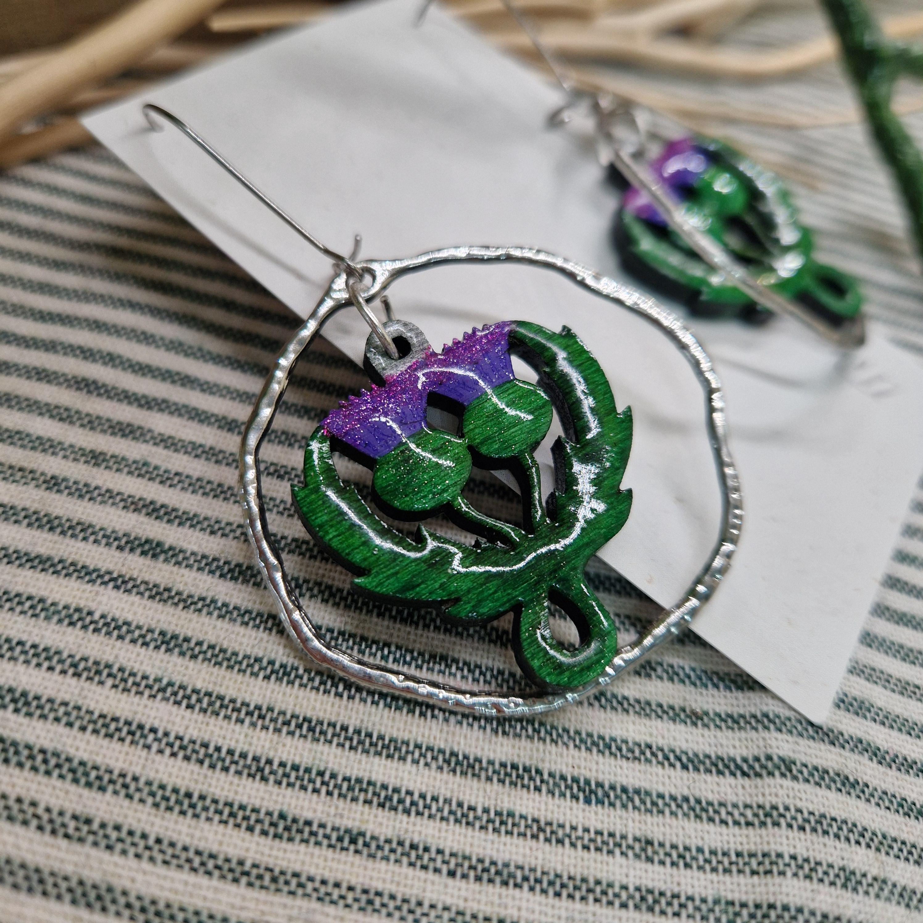 Scottish Thistle Earrings – Wood & Resin Statement Earrings – Lightweight Metal Hoop Dangles – Handmade Scotland Gift