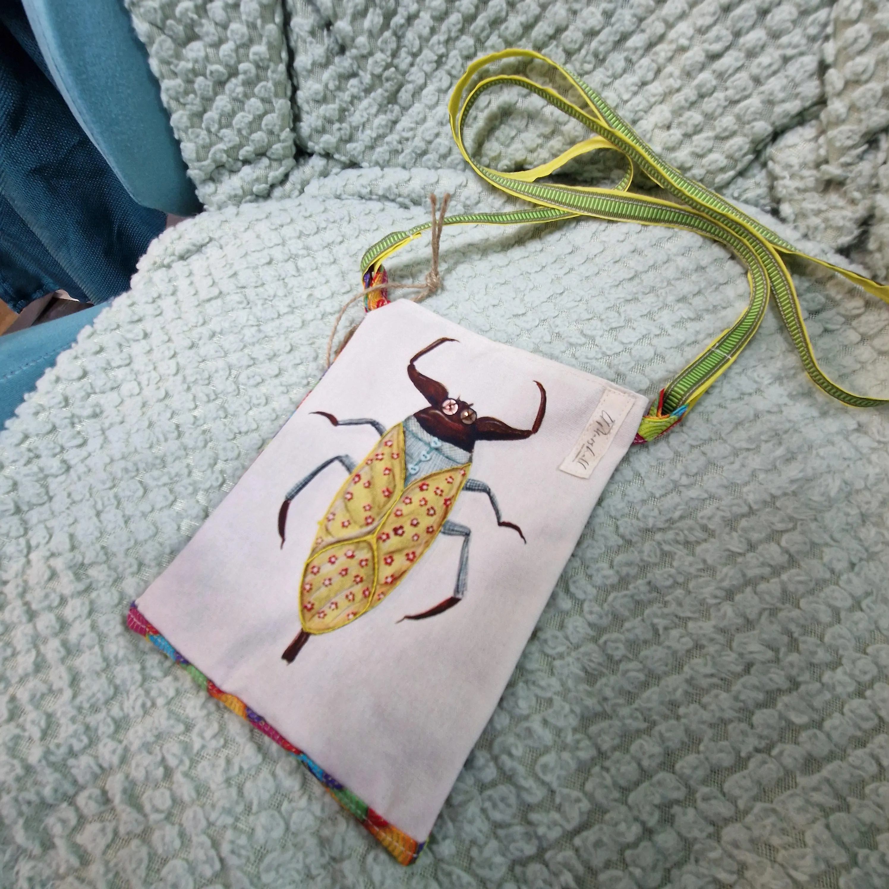 🐞 Handmade Insect Appliqué Phone Pouch – Unique Fabric Phone Bag | Nature-Inspired, Lightweight & Stylish by LTMarshall