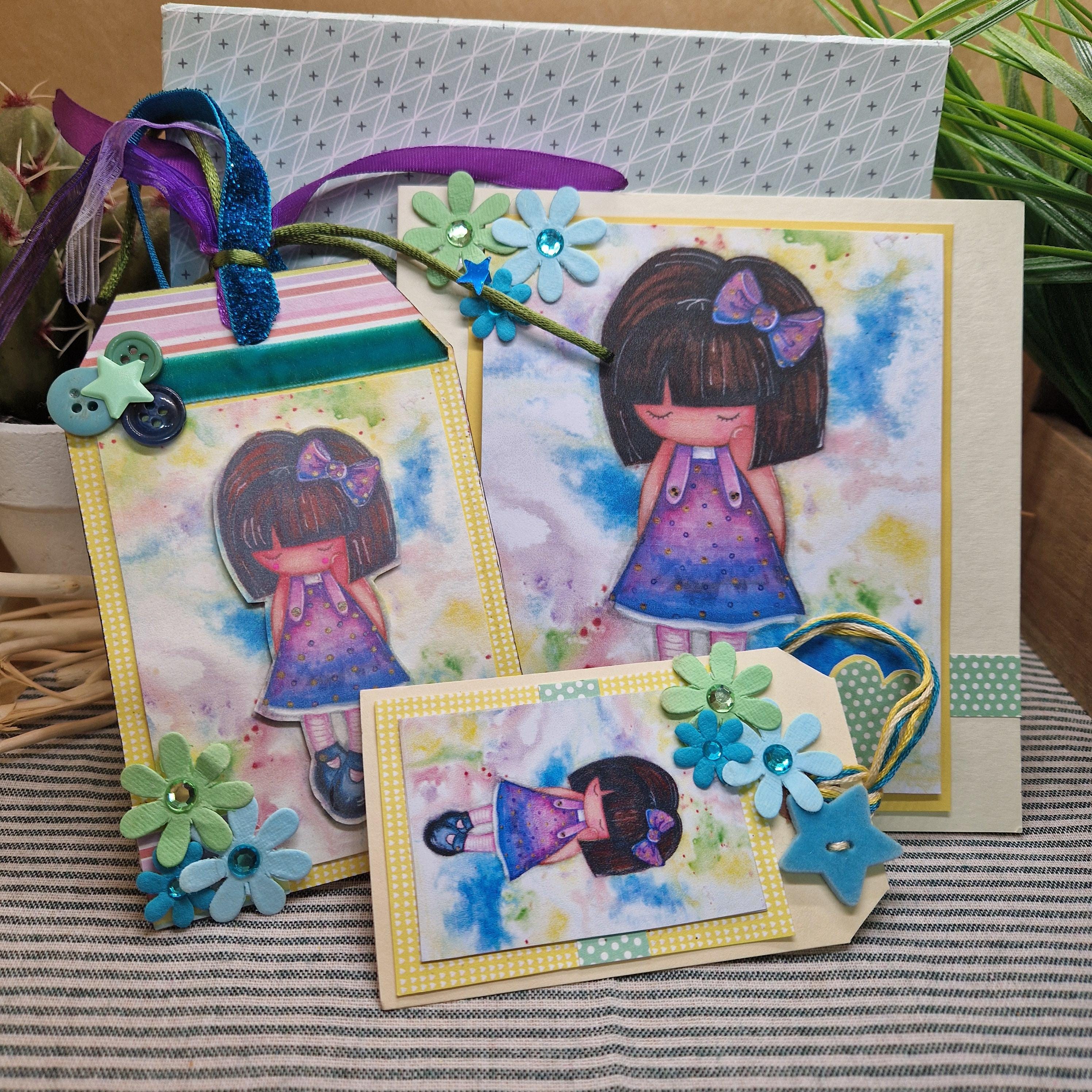 Handmade Sweet Shy Girl Card & Tag Set | Watercolor Greeting Card with Matching Gift Tag
