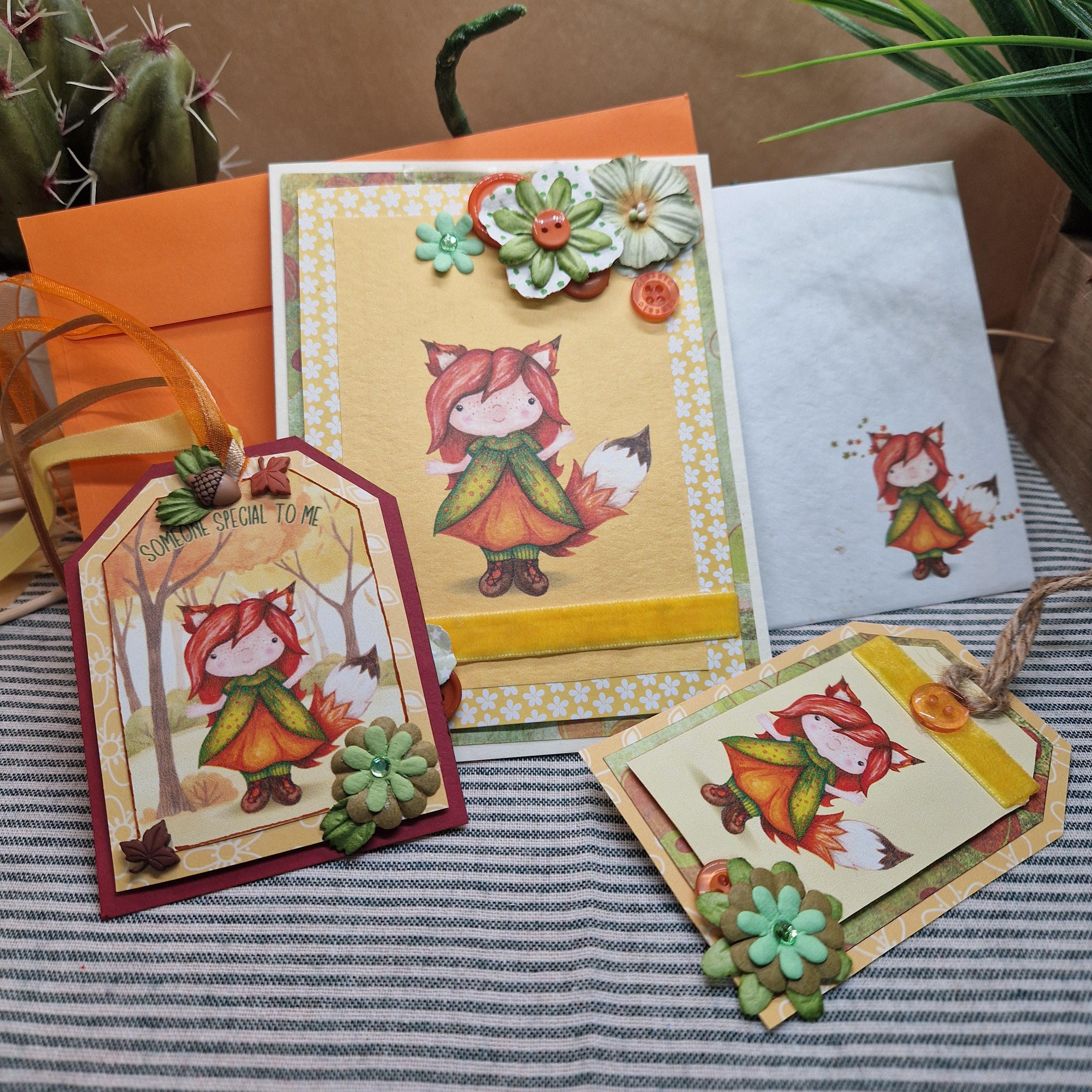 Handmade Sweet Fox Girl Card, Notelet & Tag Set | Woodland Greeting Card Bundle