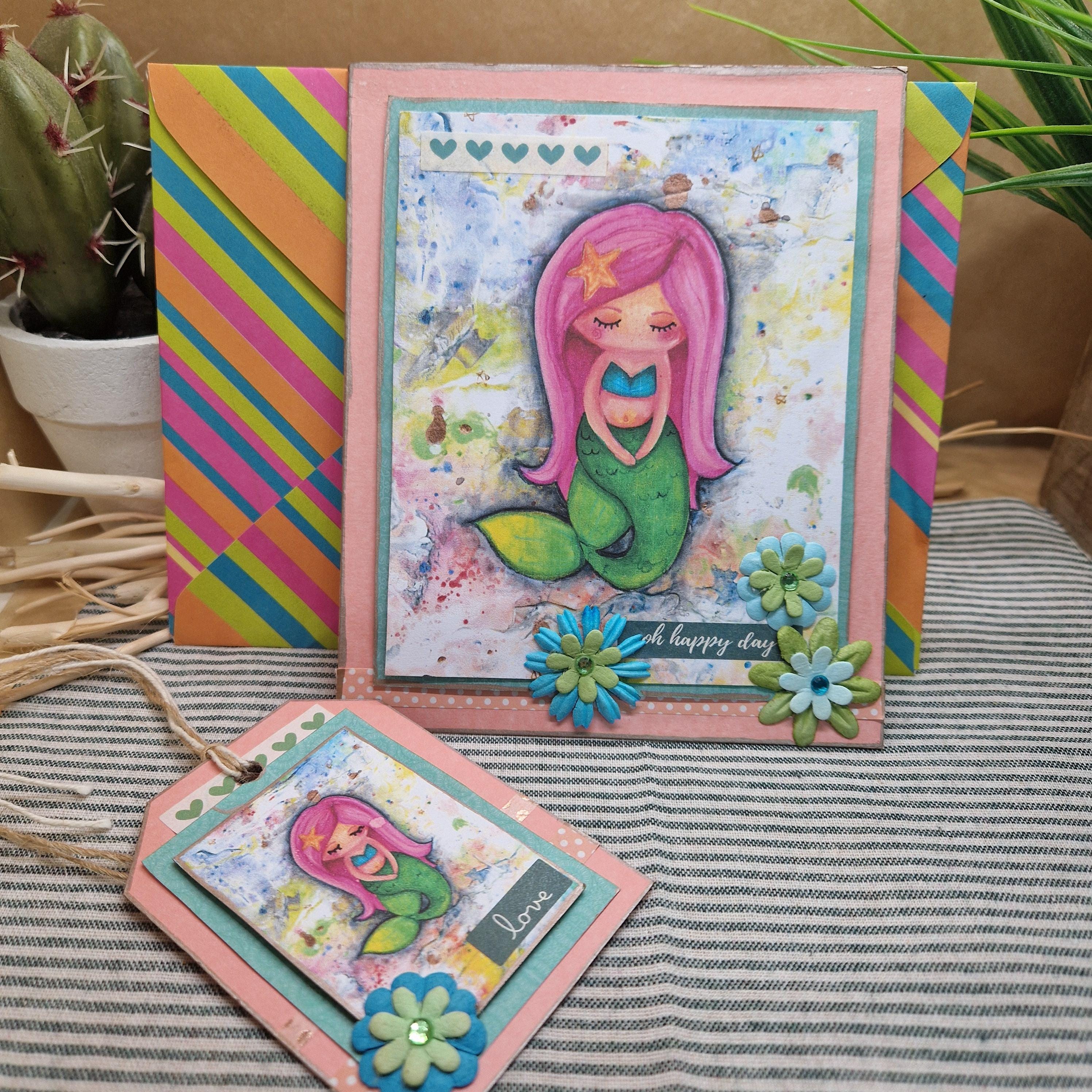 Handmade Mermaid Card & Tag Set | Sweet Mermaid Girl Greeting Card and Gift Tag – Paper & String Bundle