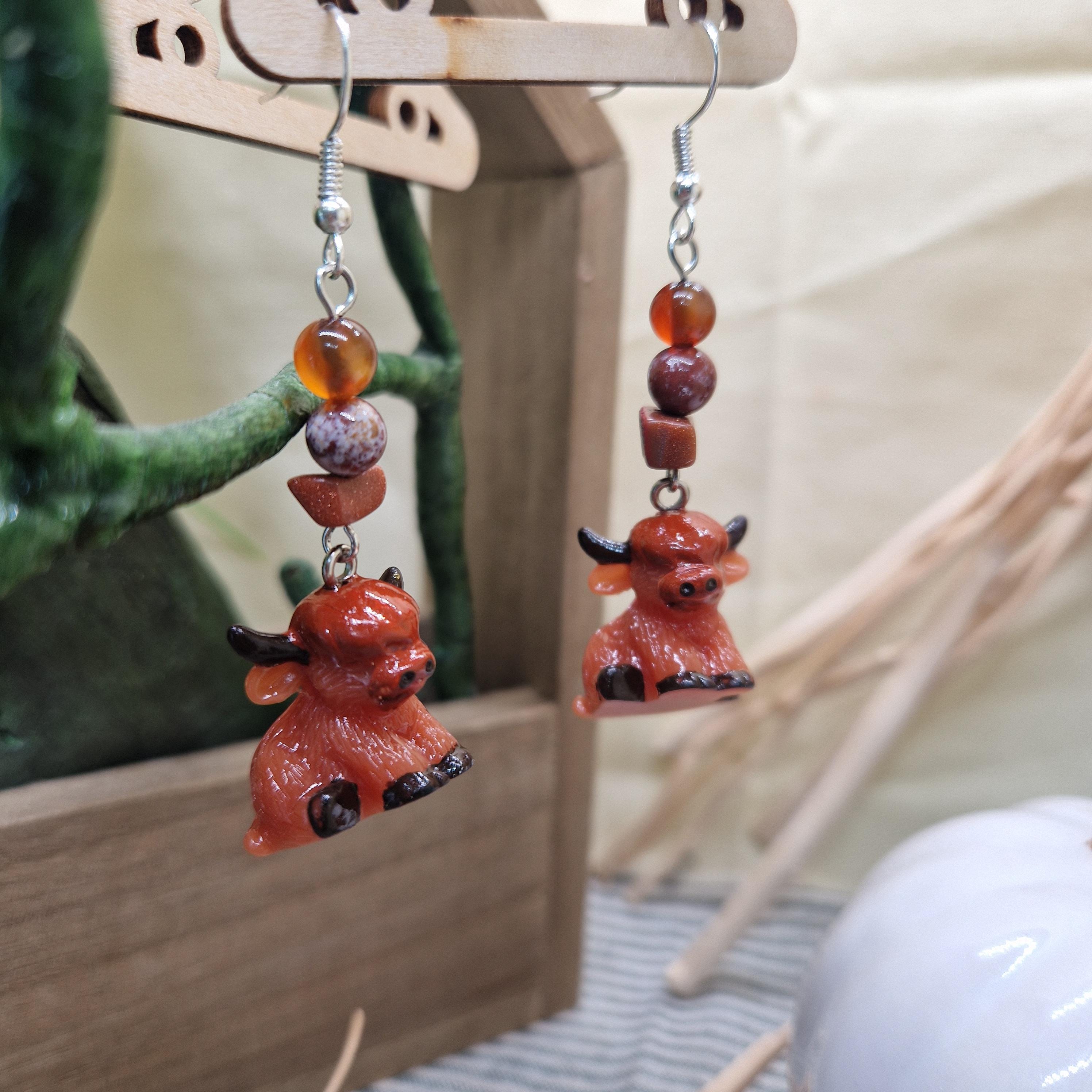 Hand Painted Highland Cow Earrings – Resin Cattle Dangle Jewellery