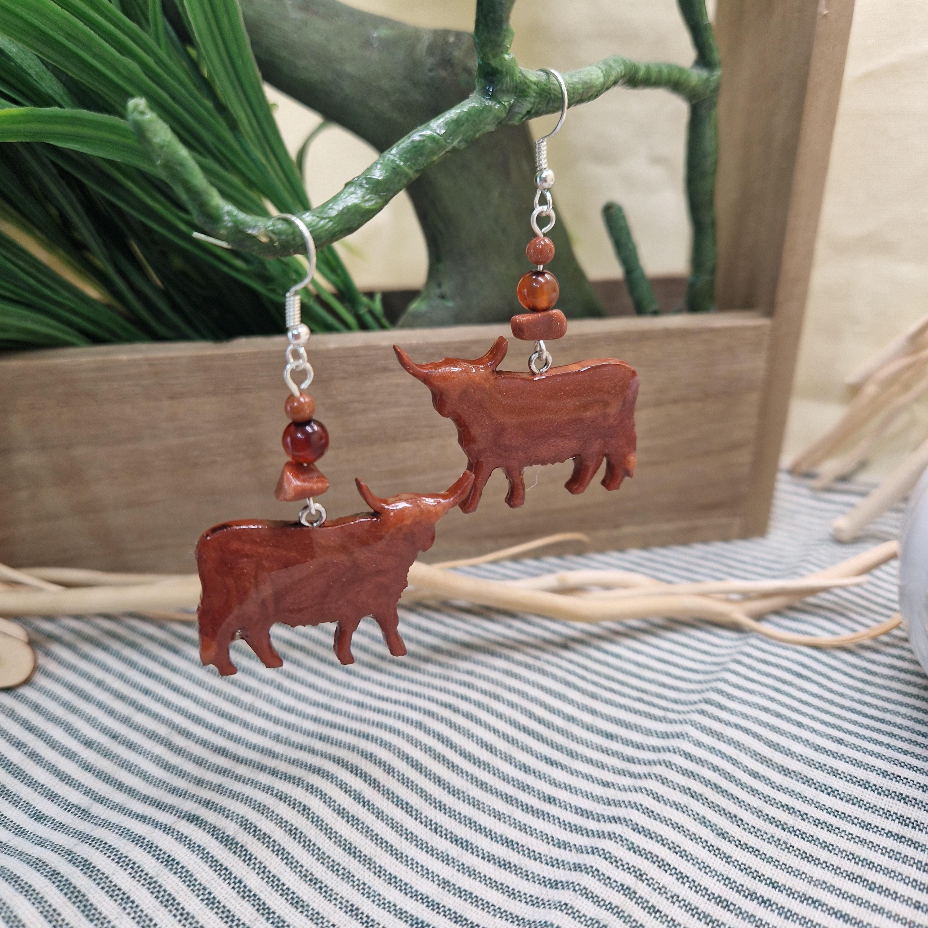 Highland Cow Earrings – Handmade Resin & Wood Scottish Jewelry