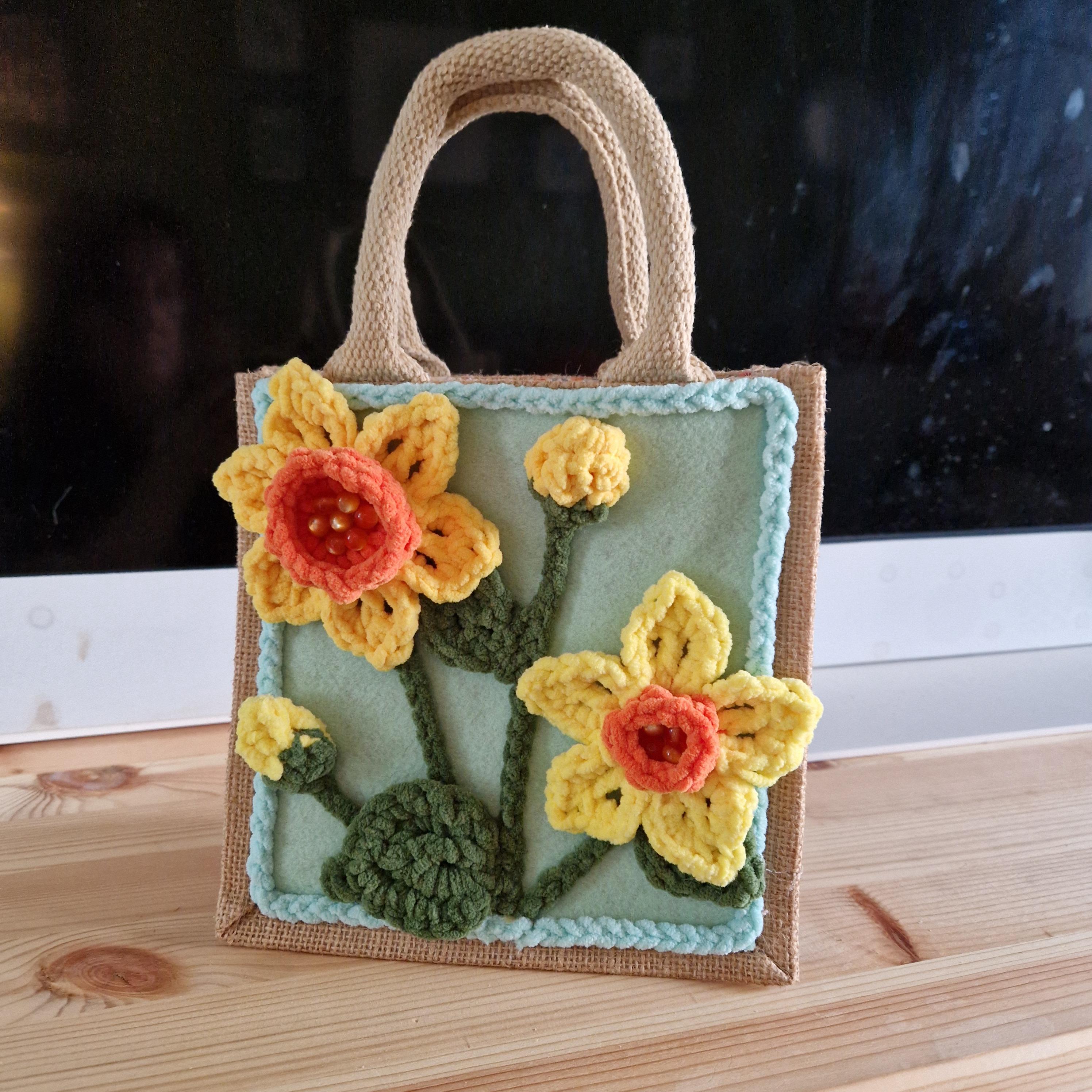 Embellished Hessian Lunch Bag with Crochet Daffodils – Handmade Spring Tote | One of a Kind