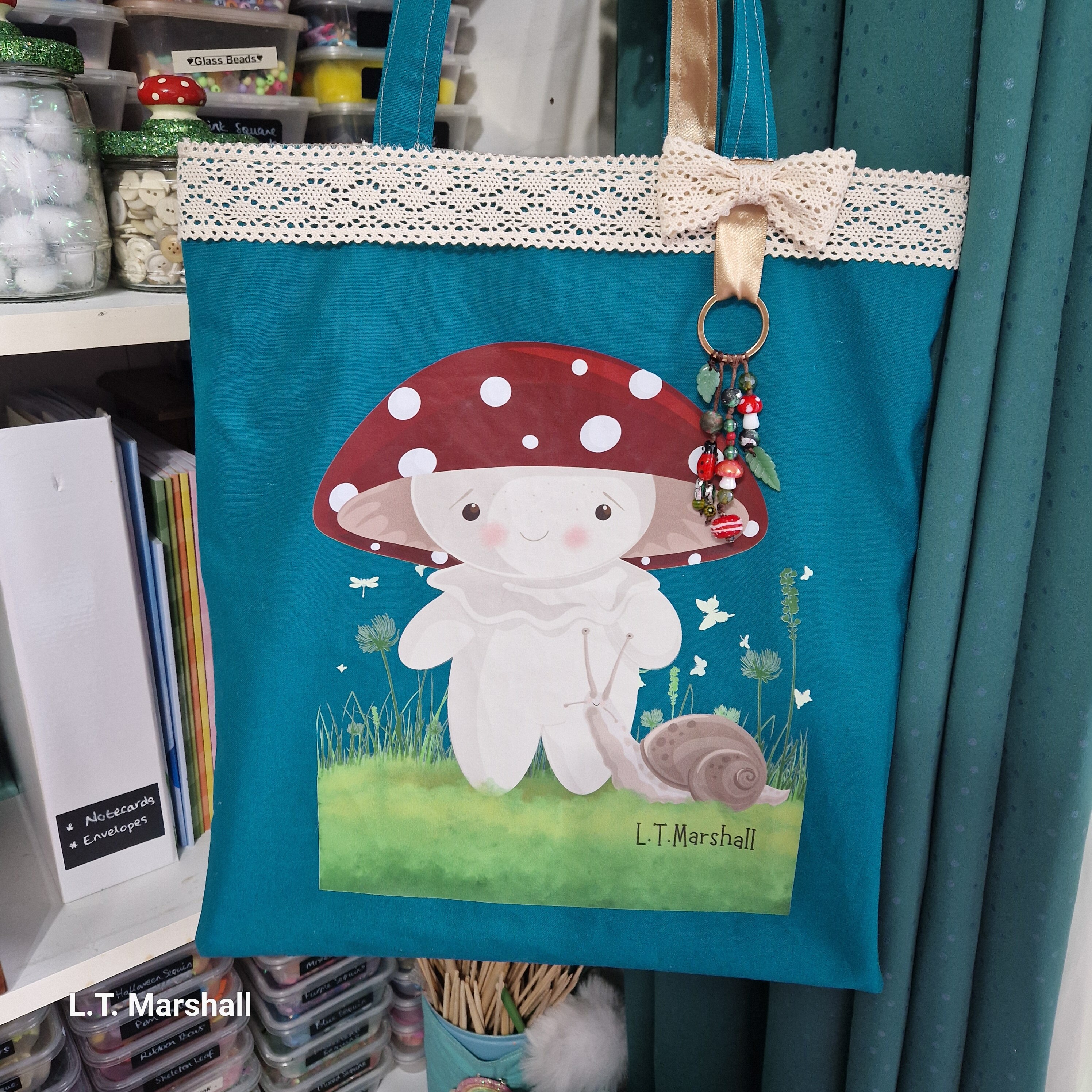 Shroomie Original Art Lined Tote Bag | Teal Mushroom & Snail Illustration with Lace Trim