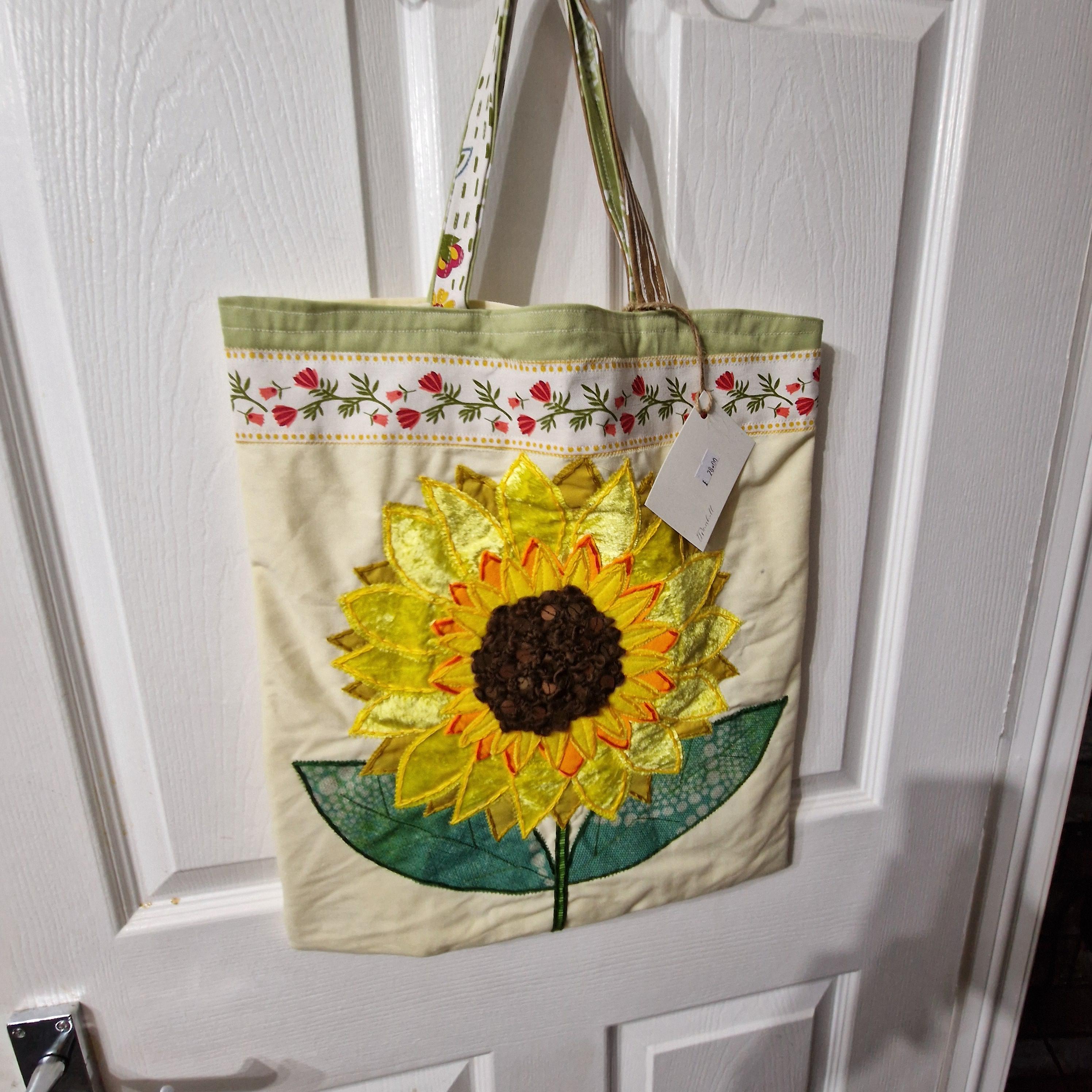 Handmade Appliqu Recycled Sunflower Tote Bag  Eco-Friendly, Stylish Shopping Bag