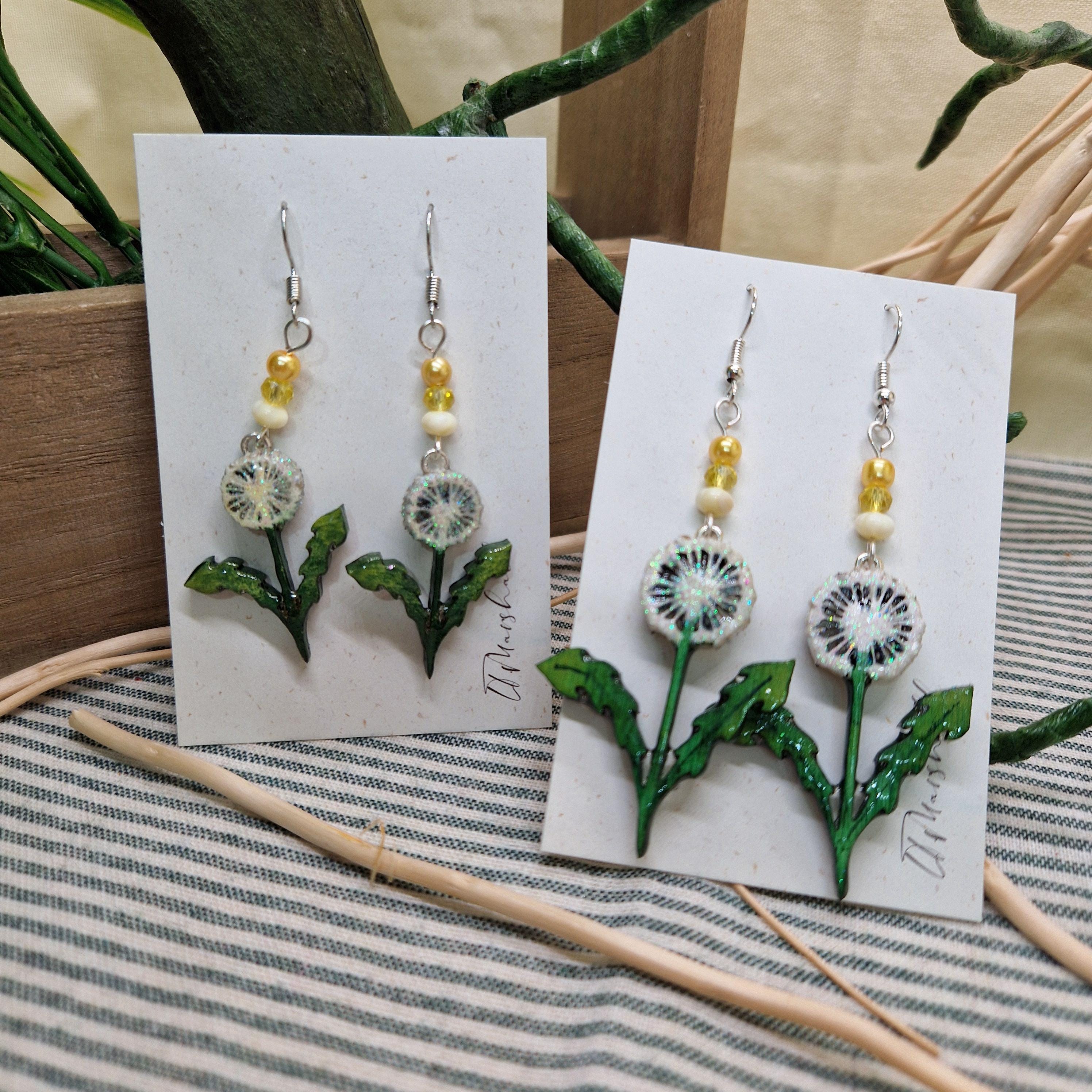 Dandelion Earrings | Handmade Wood & Resin Botanical Jewelry | Reclaimed Bead Drops