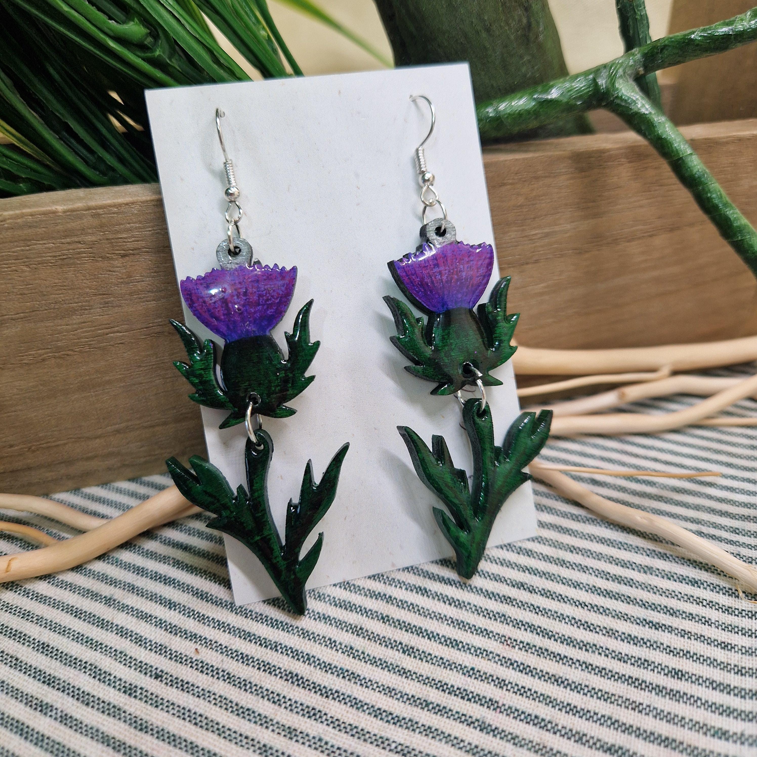 Handmade Thistle Earrings – Wooden & Resin Enamel with Vintage Glass Beads | Botanical Earrings | Scottish Flower Jewellery | Choose style