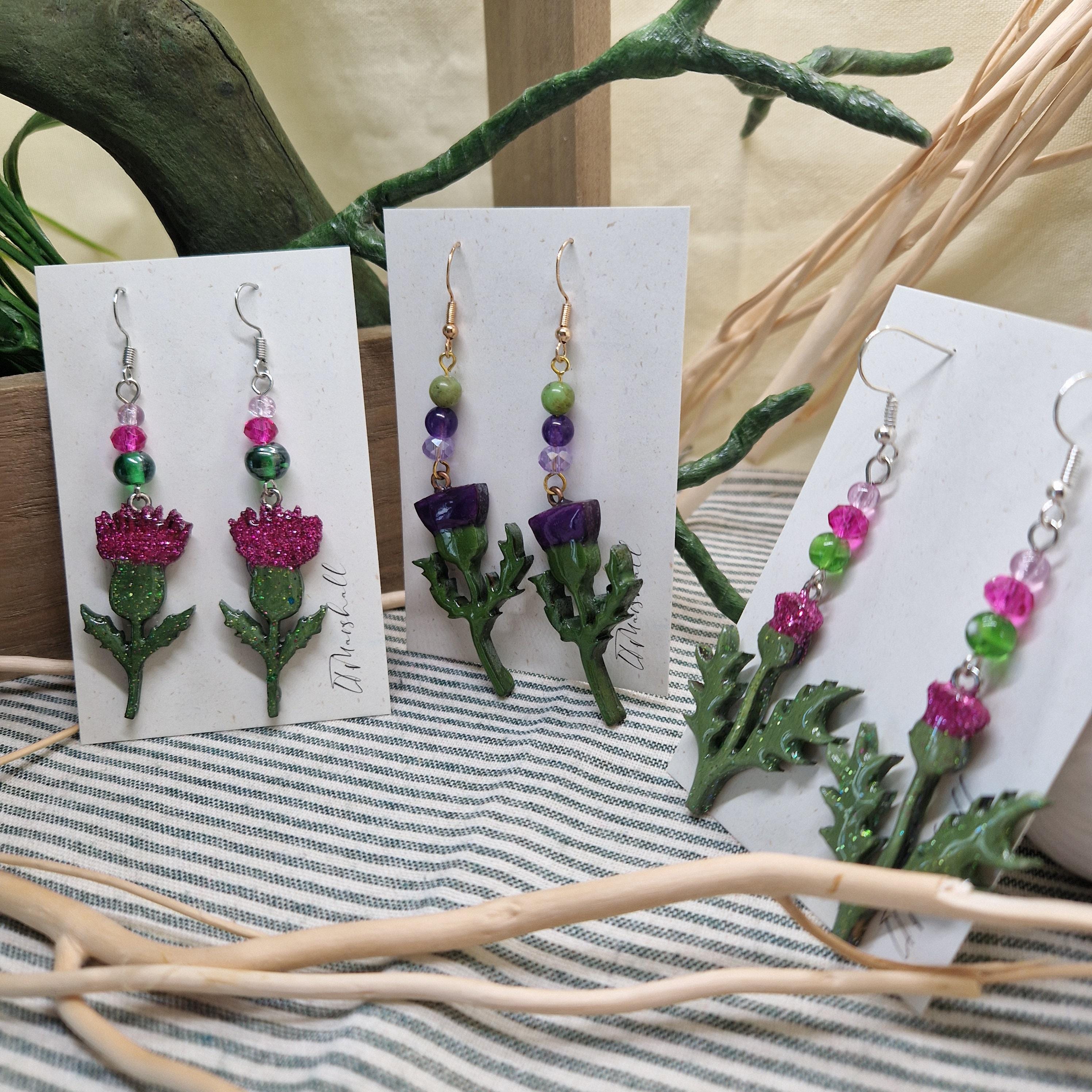 Handmade Thistle Earrings – Wooden & Resin Enamel with Vintage Glass Beads | Botanical Earrings | Scottish Flower Jewellery | Choose style