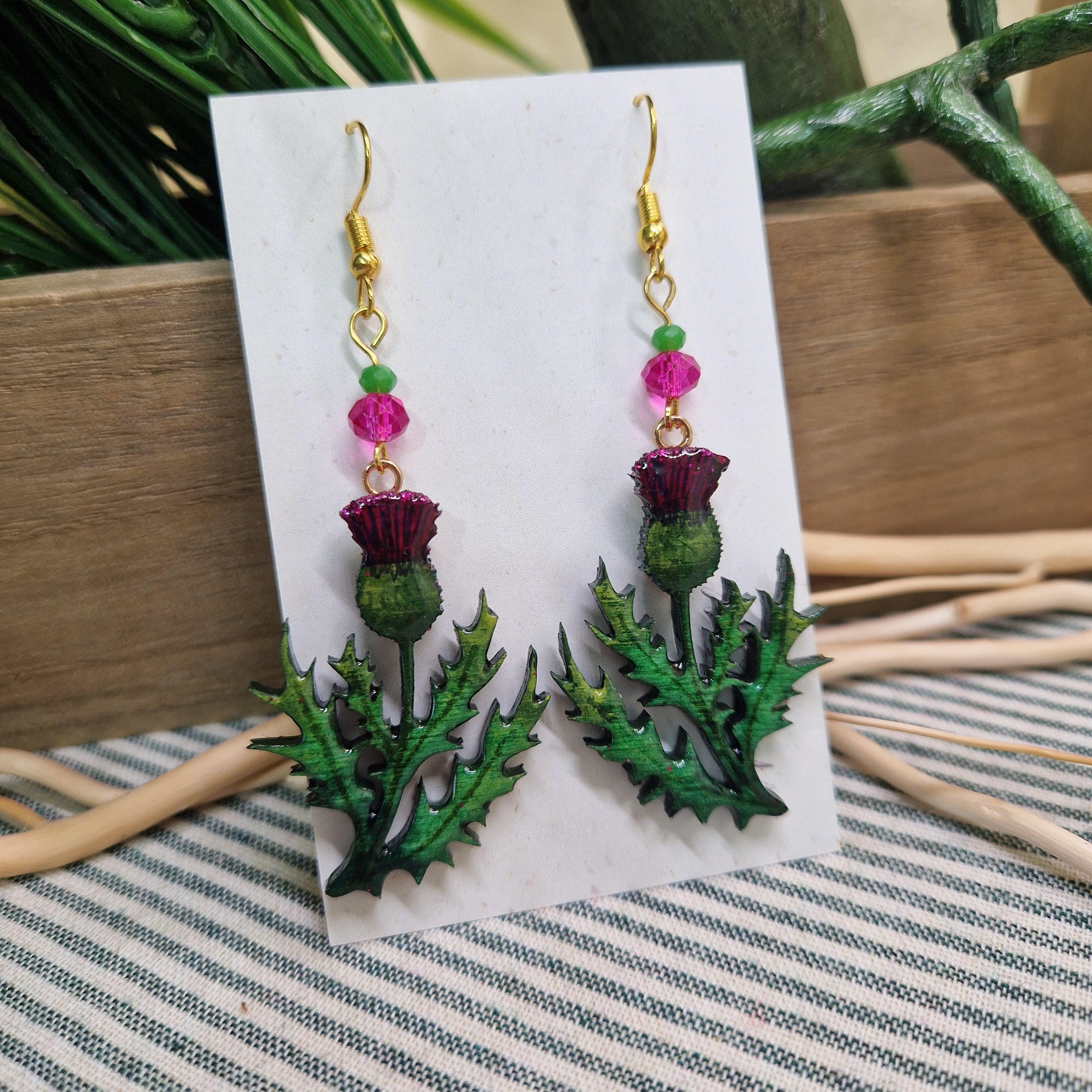Handmade Thistle Earrings – Wooden & Resin Enamel with Vintage Glass Beads | Botanical Earrings | Scottish Flower Jewellery | Choose style