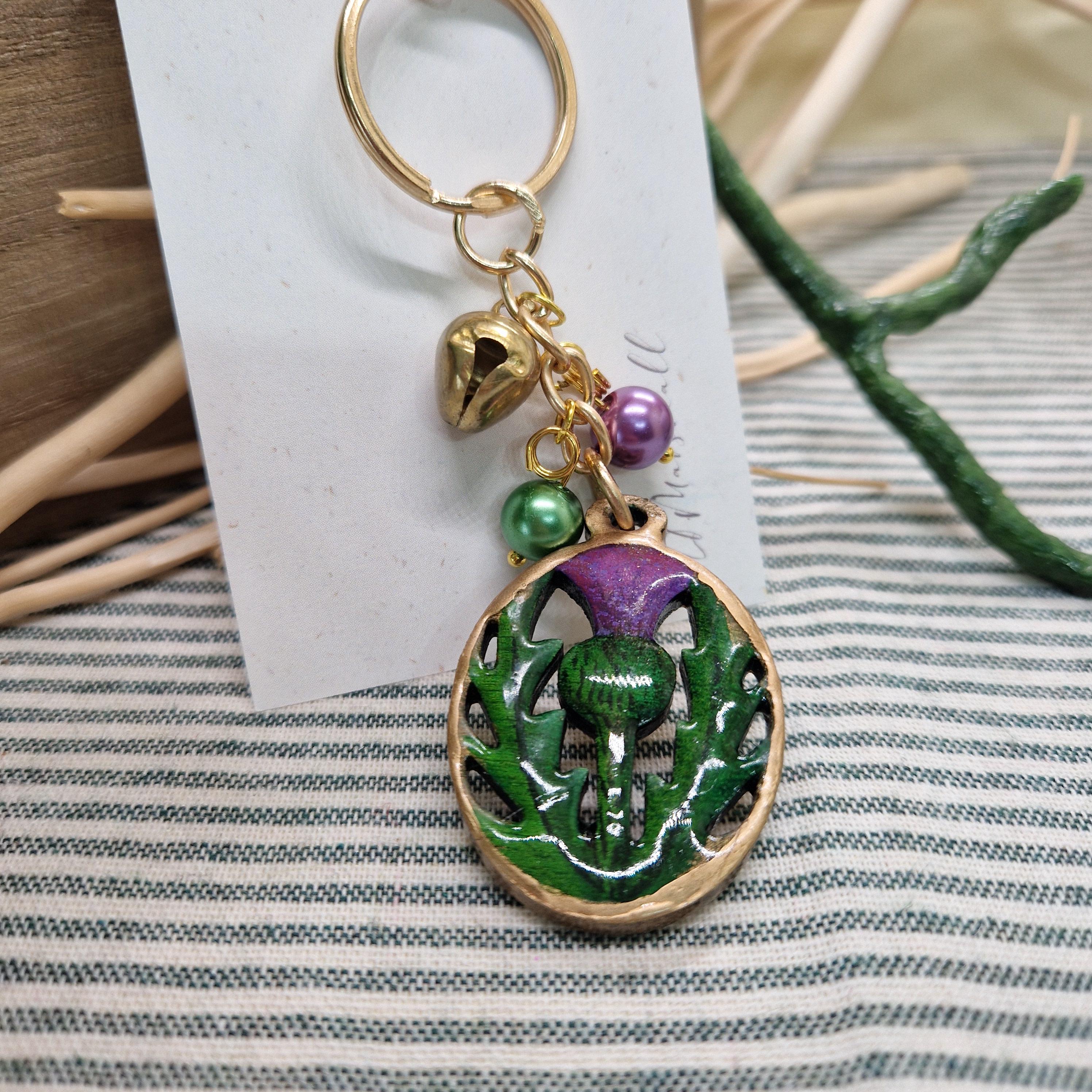 Handmade Thistle Keyring โ Wood & Resin with Bell and Reclaimed Beads