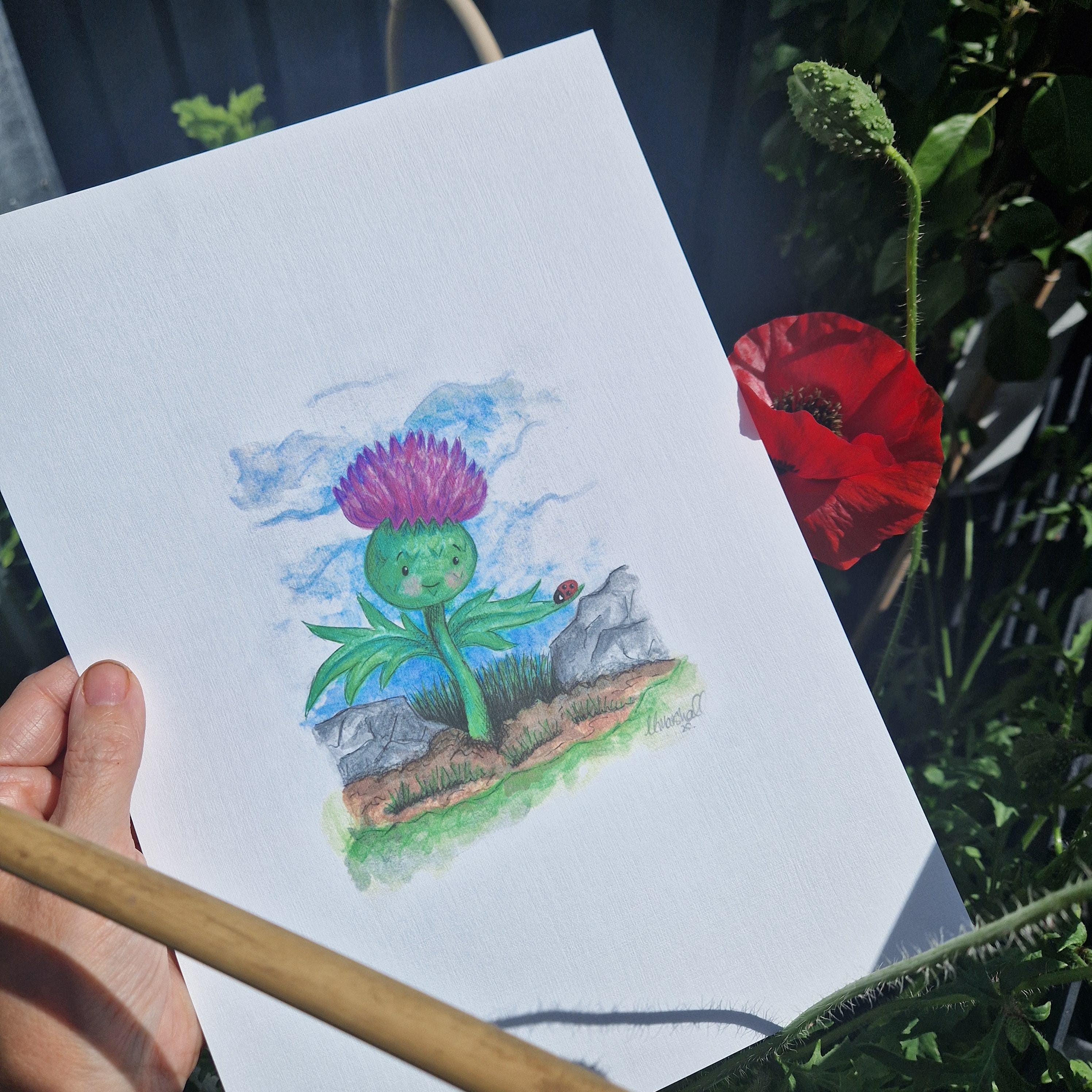 Whimsical Thistle (Thistly) Flower Art Print โ Cute Botanical Illustration โ Available in A4, A5, A6 (Matte Linen or Glossy Finish)