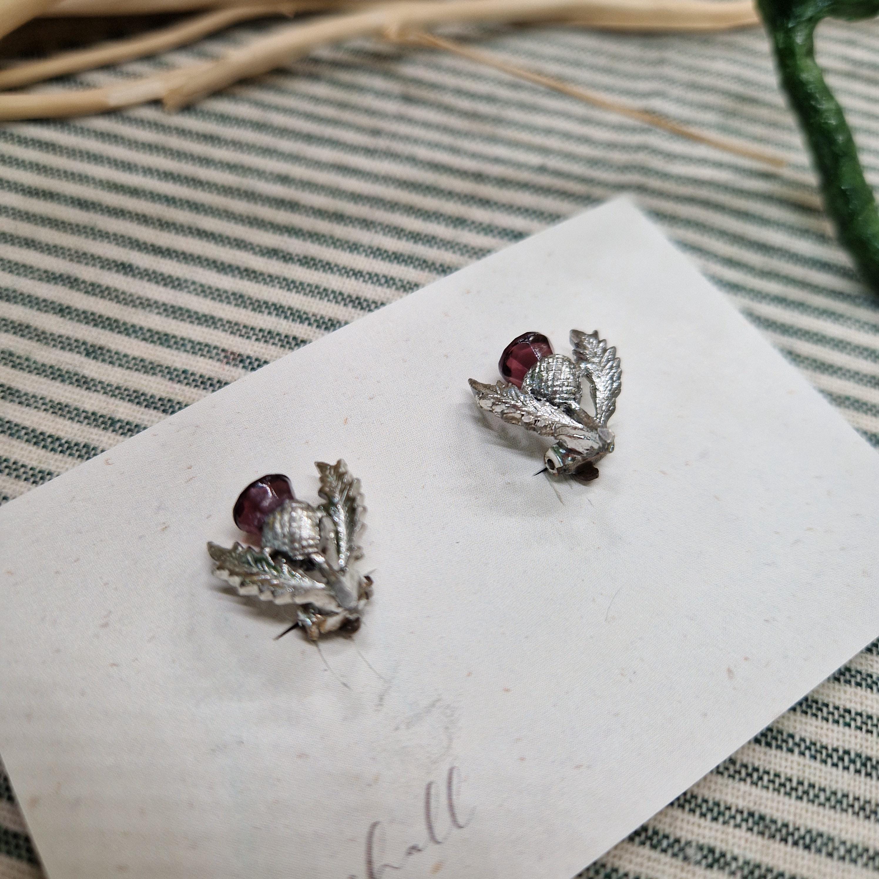Vintage Thistle Clip-On Earrings โ Restored Scottish Jewellery with Purple Stones