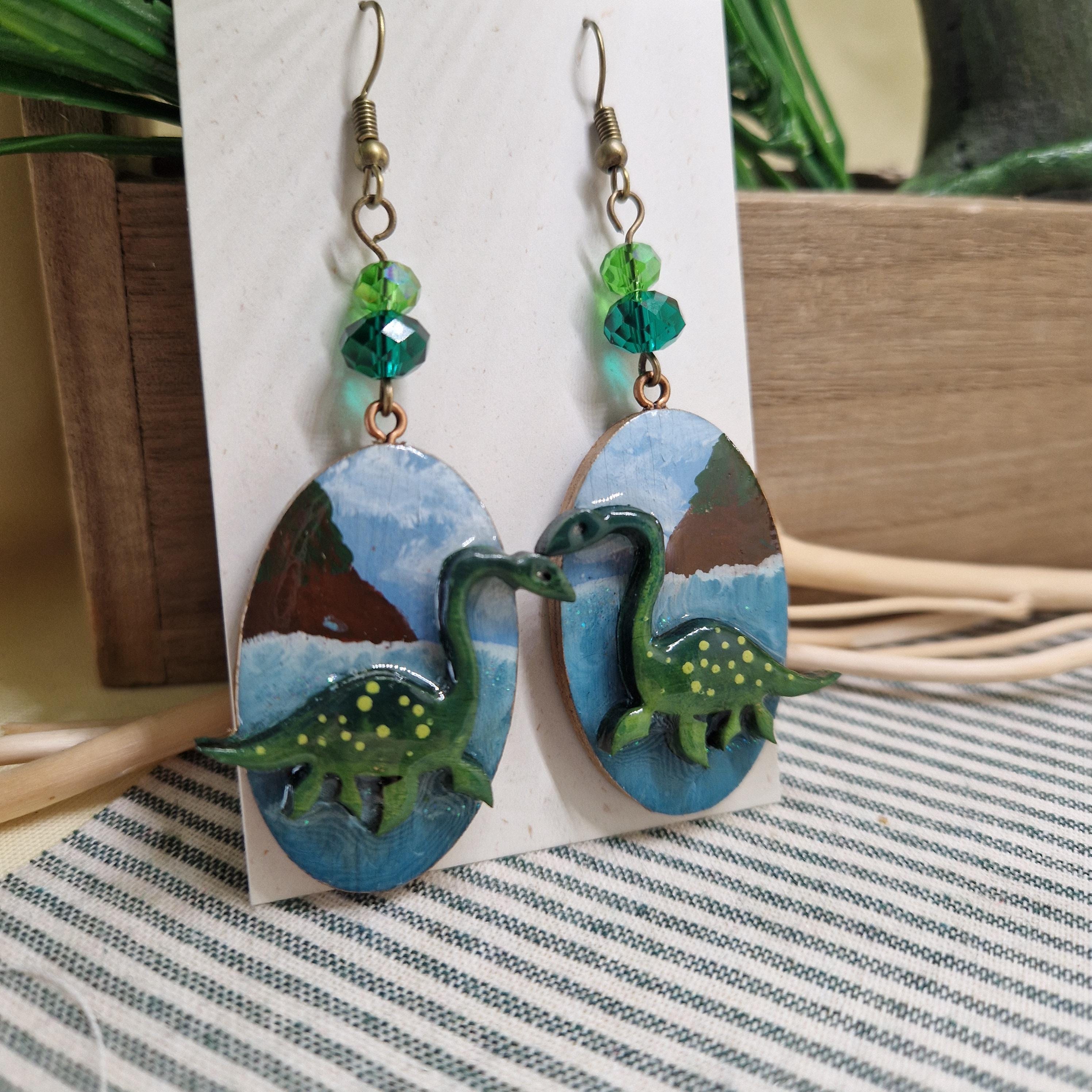 Loch Ness Monster Earrings – Hand Painted Wood and Resin Dangle – Nessie Scene Jewelry – Scottish Artist Gift – Mythical Creature Earrings