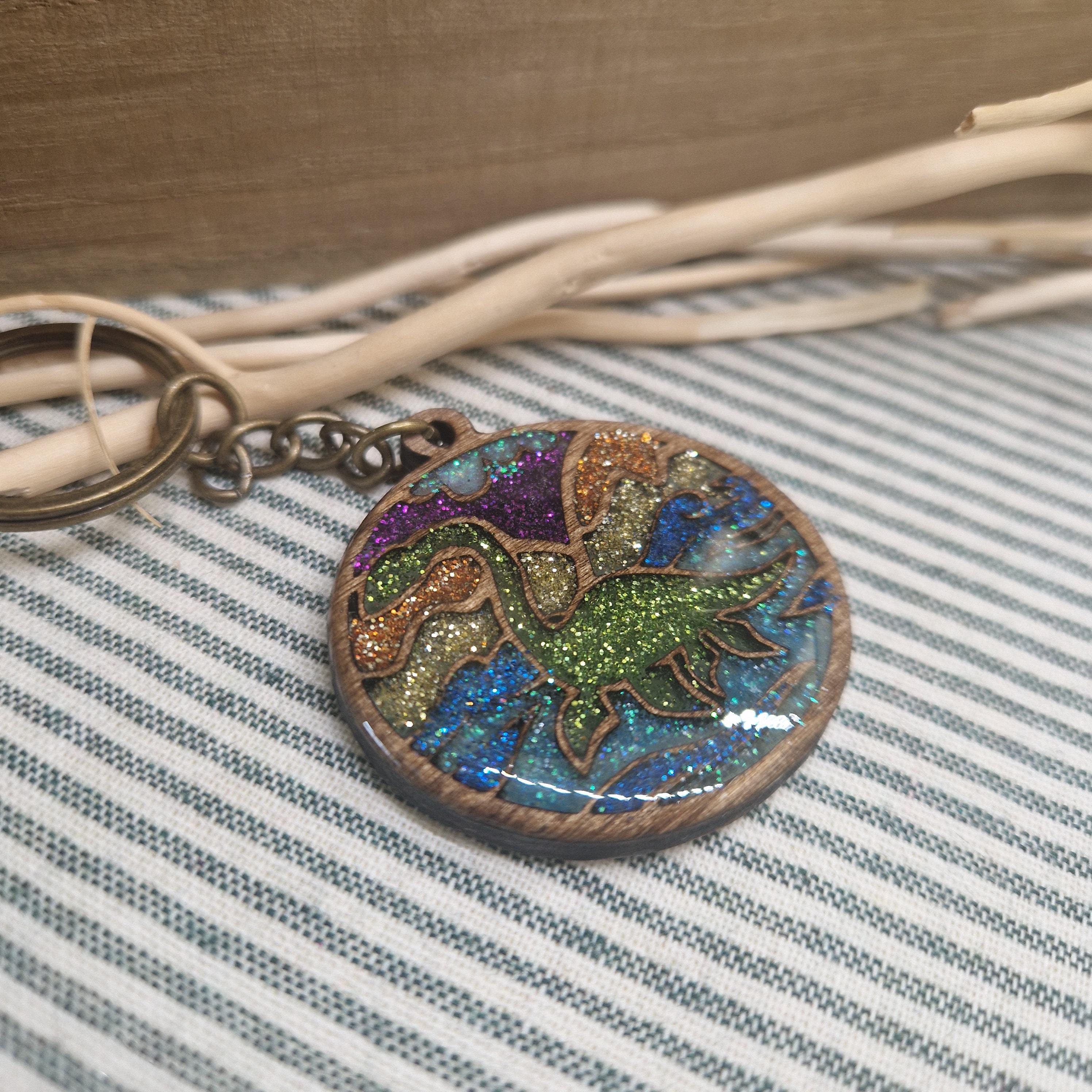 Nessie Keyring | Handmade Wood & Resin Keychain | Loch Ness Monster Glitter Charm | Scottish Myth Gift | Cryptid Accessory