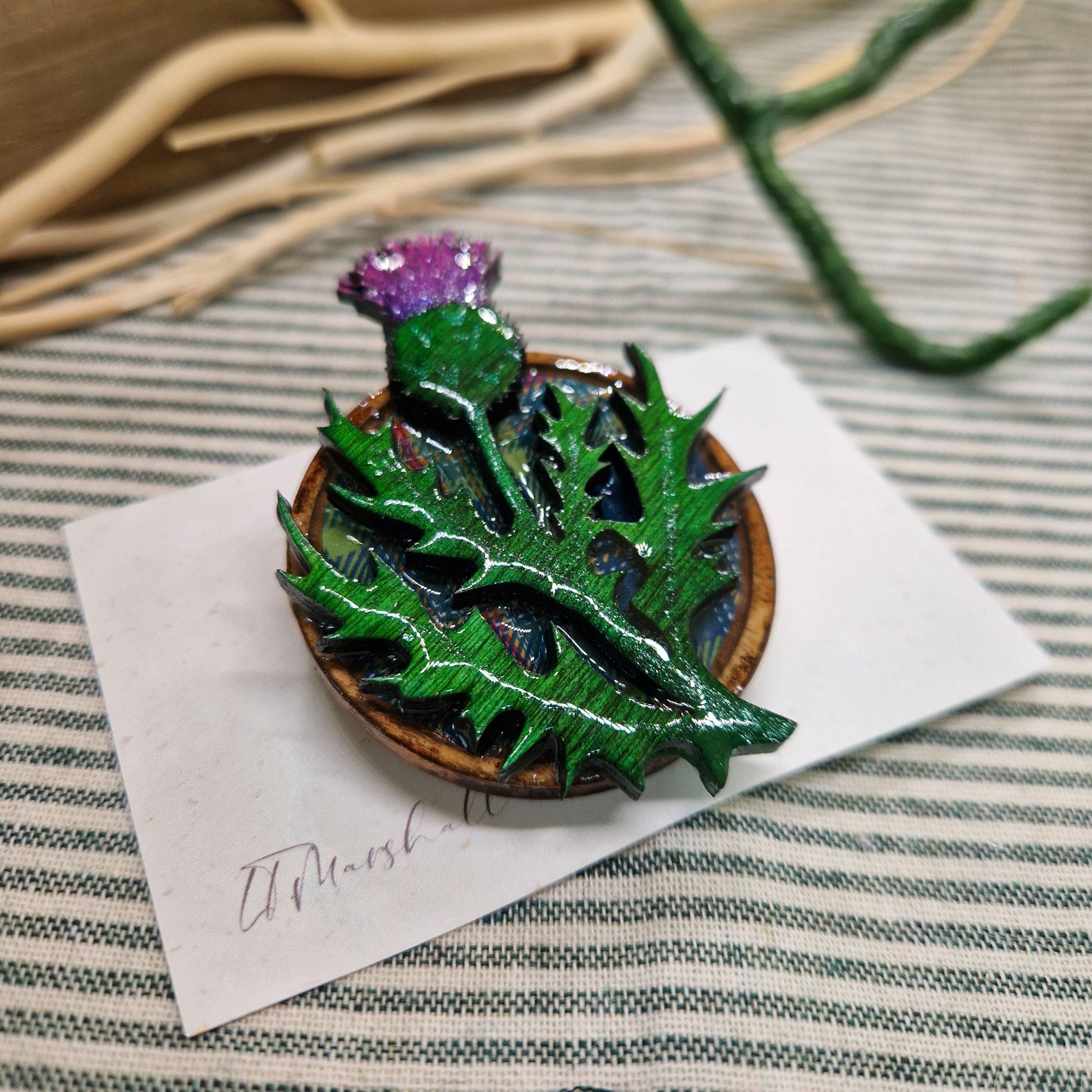 Handmade Scottish Thistle Brooch โ Wood, Resin & Tartan Inlay | Made in Scotland