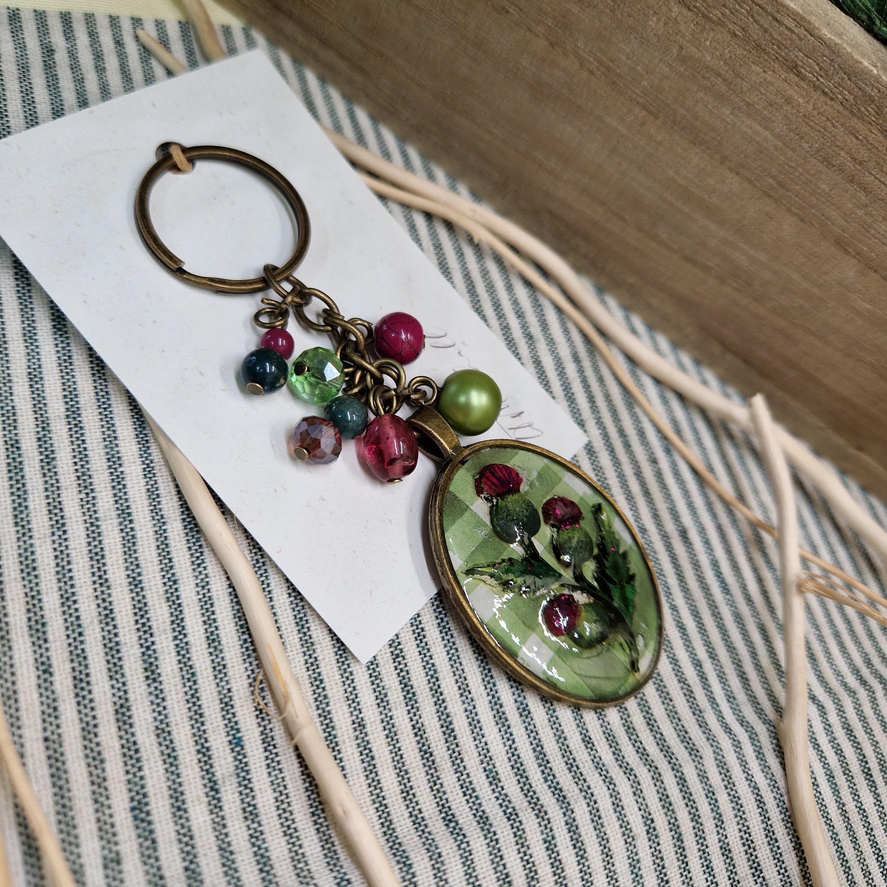 Thistle Keyring | Handmade Resin, Wood & Metal Keychain | Scottish Wildflower Accessory