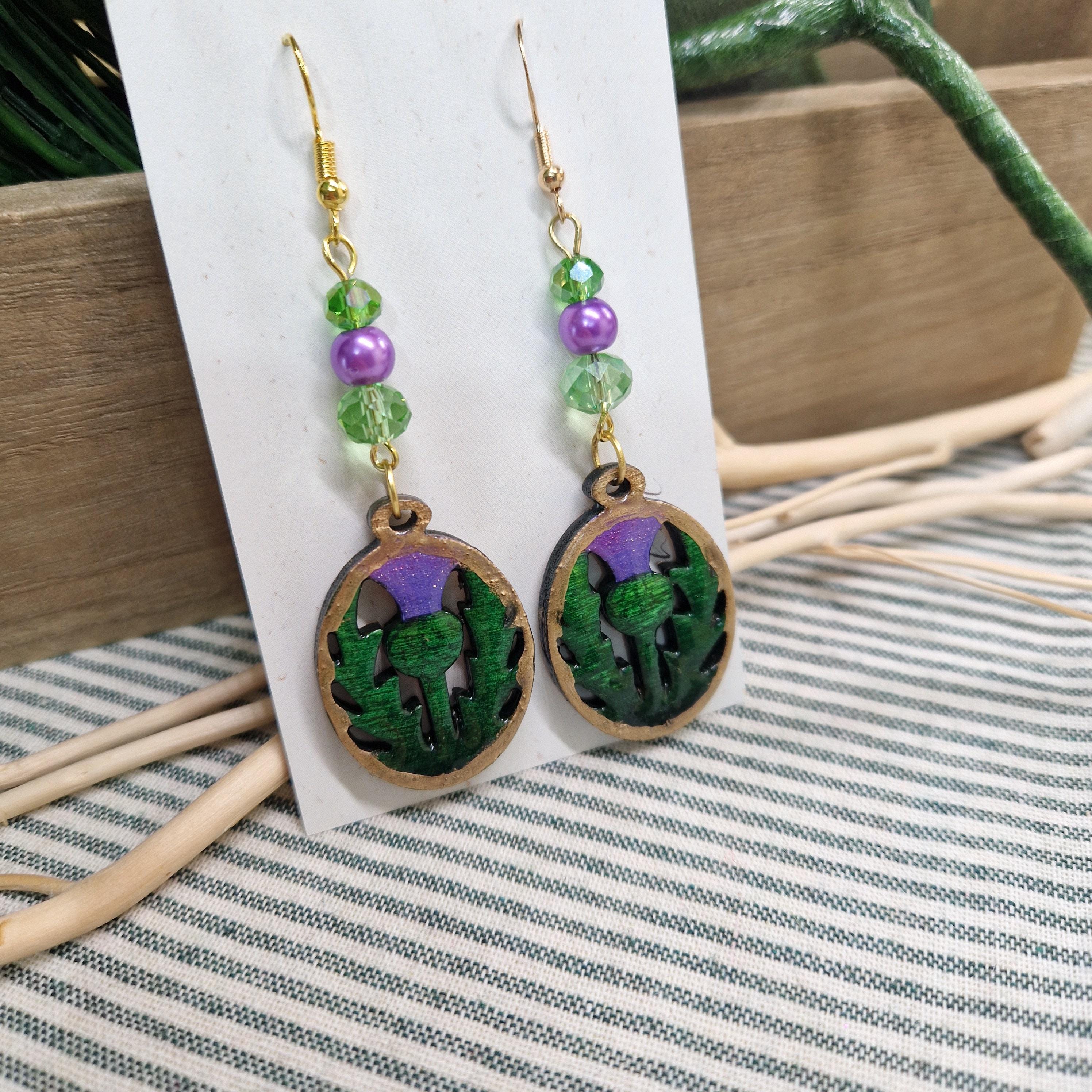 Scottish Thistle Earrings โ Wood and Resin with Upcycled Vintage Beads โ Handmade Nature Jewellery