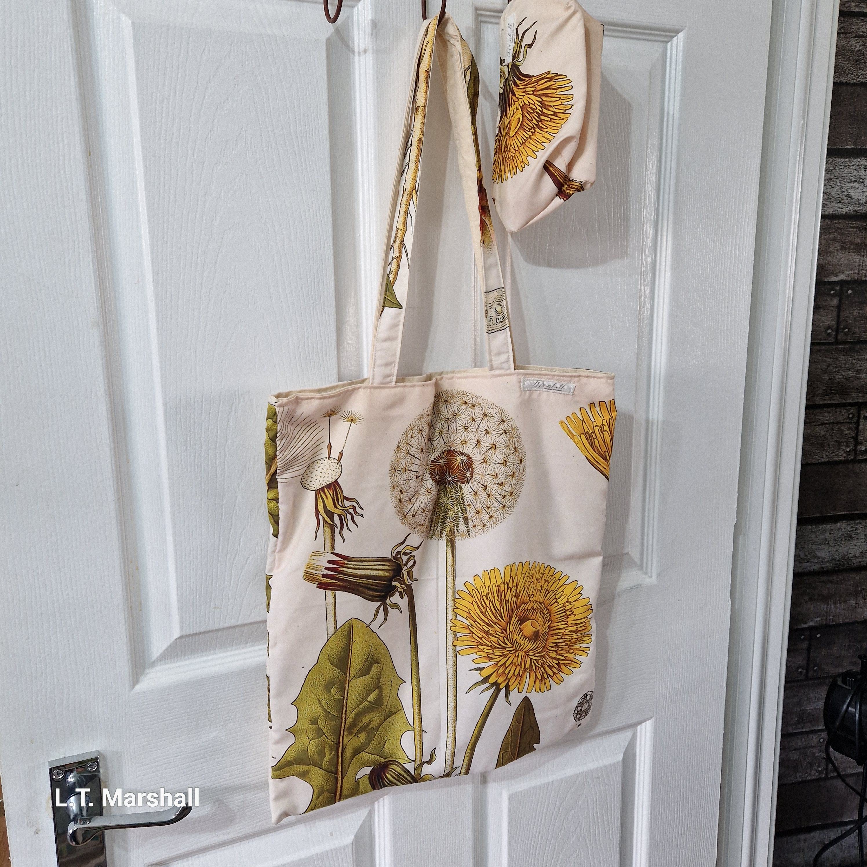 Dandelion Lined Tote Bag with Matching Pouch – Upcycled Botanical Tote Set