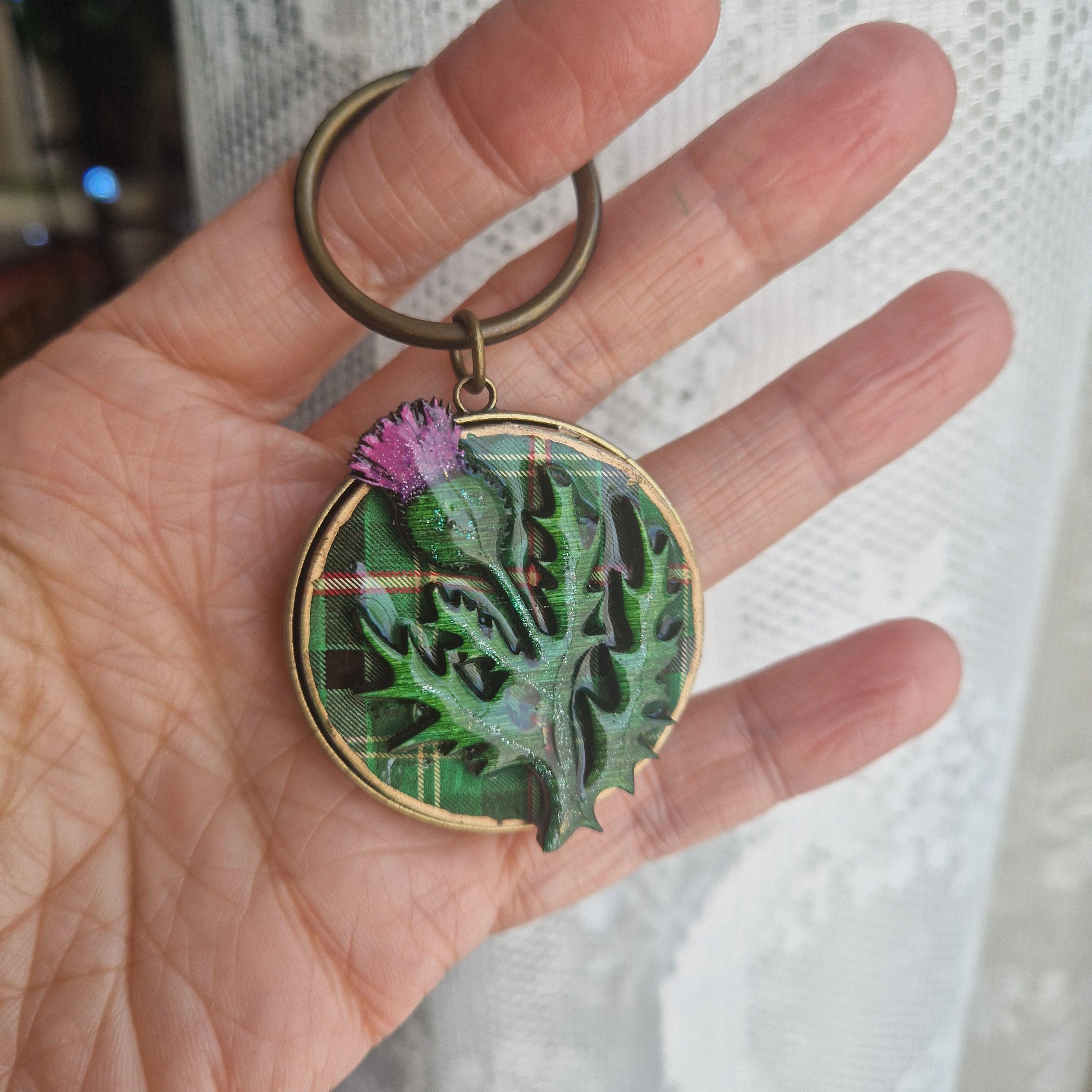 Scottish Thistle Keyring | Handmade Wood, Resin & Metal Keychain | Green Tartan Background | Celtic Scotland Gift | Rustic Charm