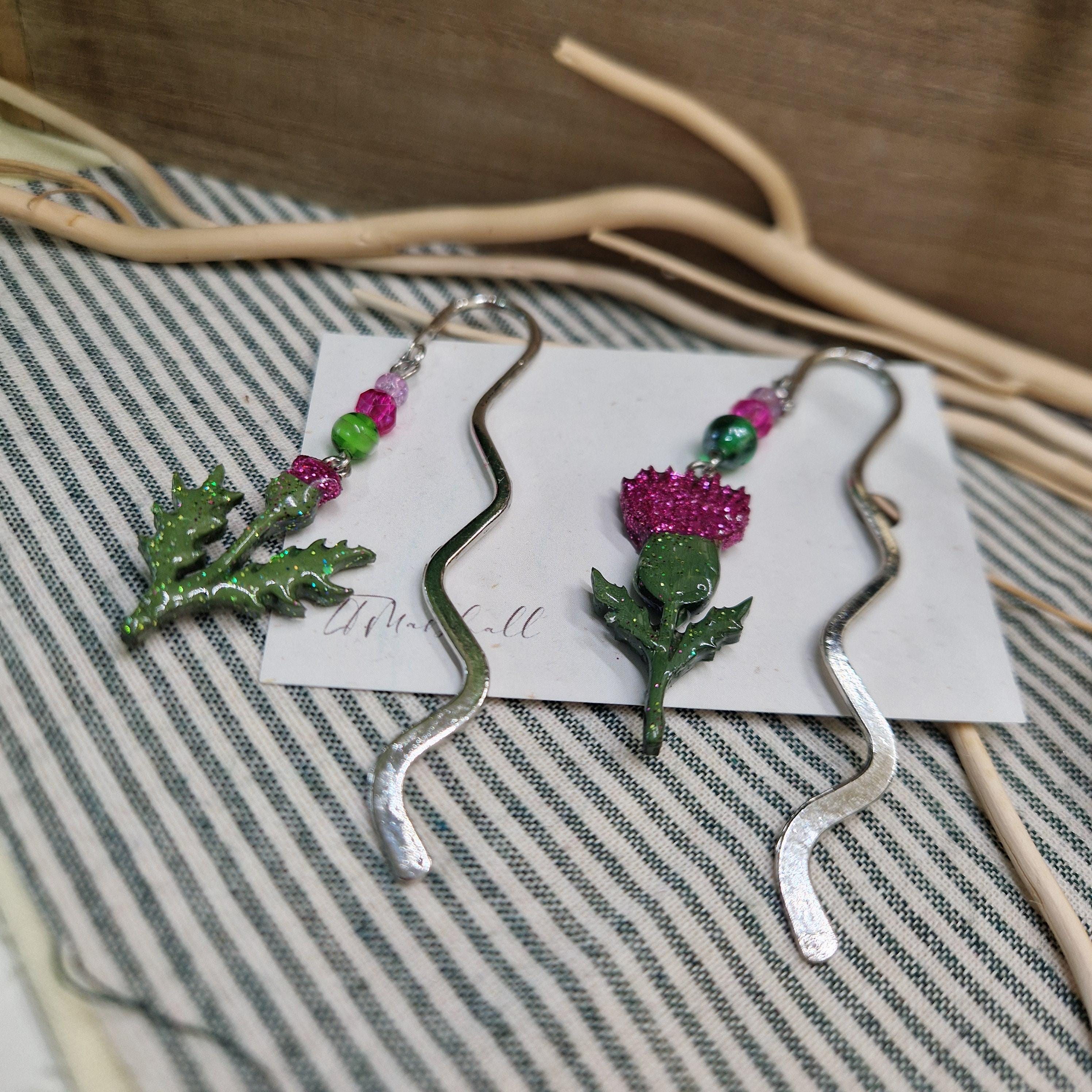 Sparkly Thistle Bookmark – Resin Scottish Flower with Beads | Handmade Botanical Page Marker