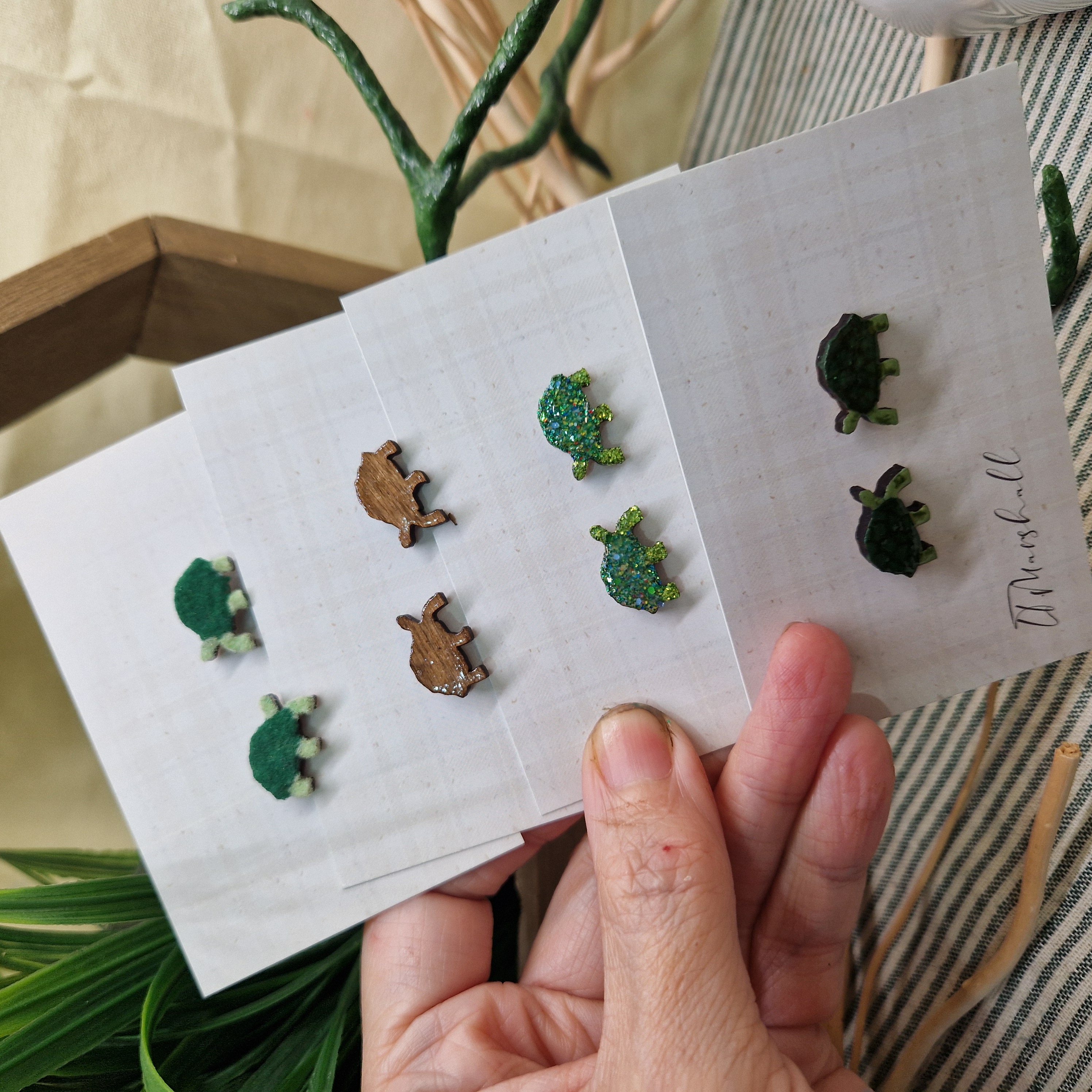 Handmade Tortoise Earrings – Wooden Studs in Flocked, Glitter, Coloured or Stained Finish, Quirky Animal Jewelry