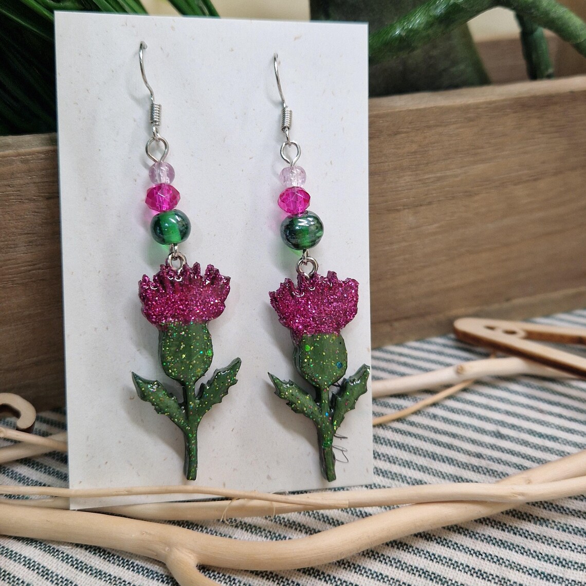 Handmade Thistle Earrings – Wooden & Resin Enamel with Vintage Glass Beads | Botanical Earrings | Scottish Flower Jewellery | Choose style