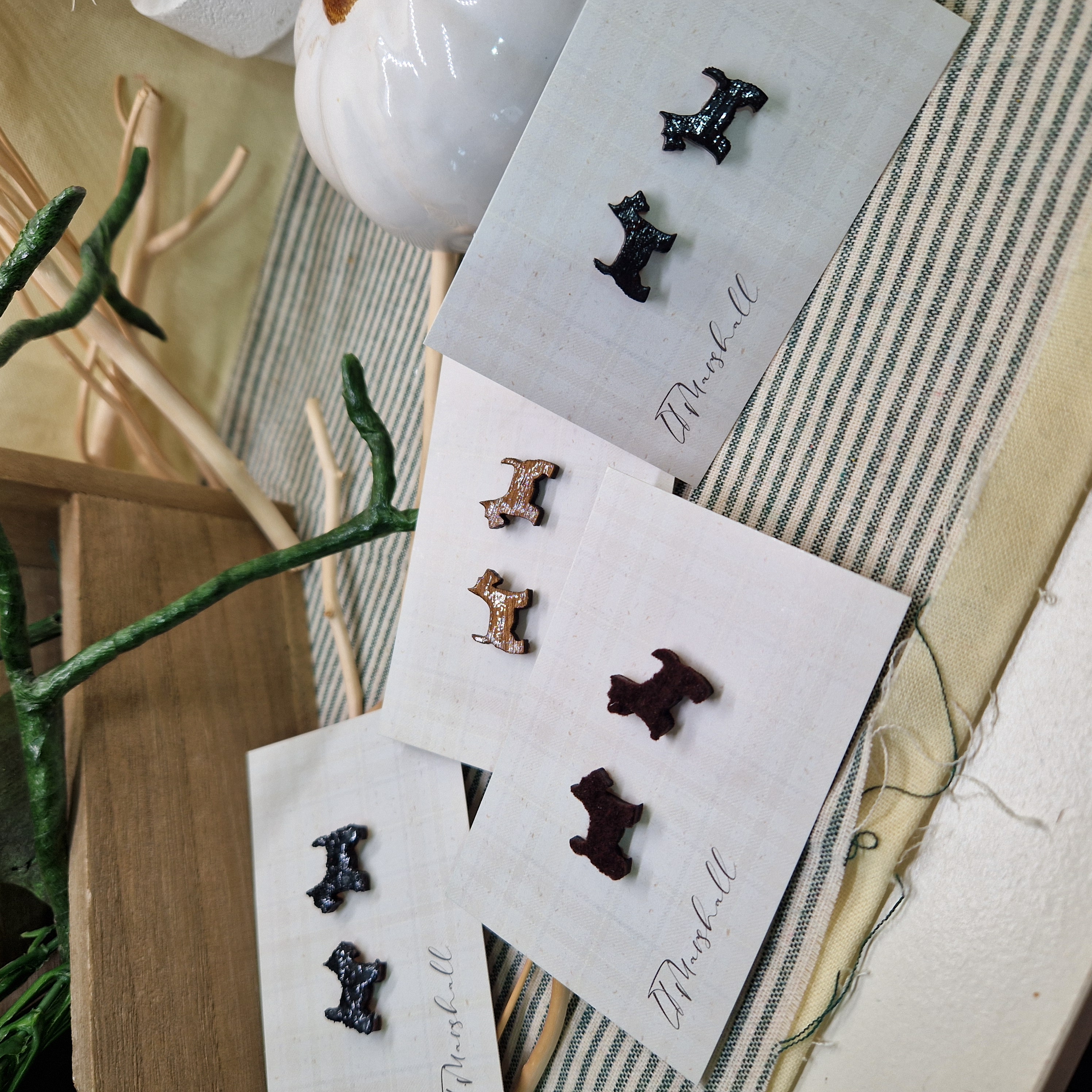 Handmade Scotty Dog Earrings – Wooden Studs in Flocked, Glitter, Coloured or Stained Finish, Scottish Jewelry