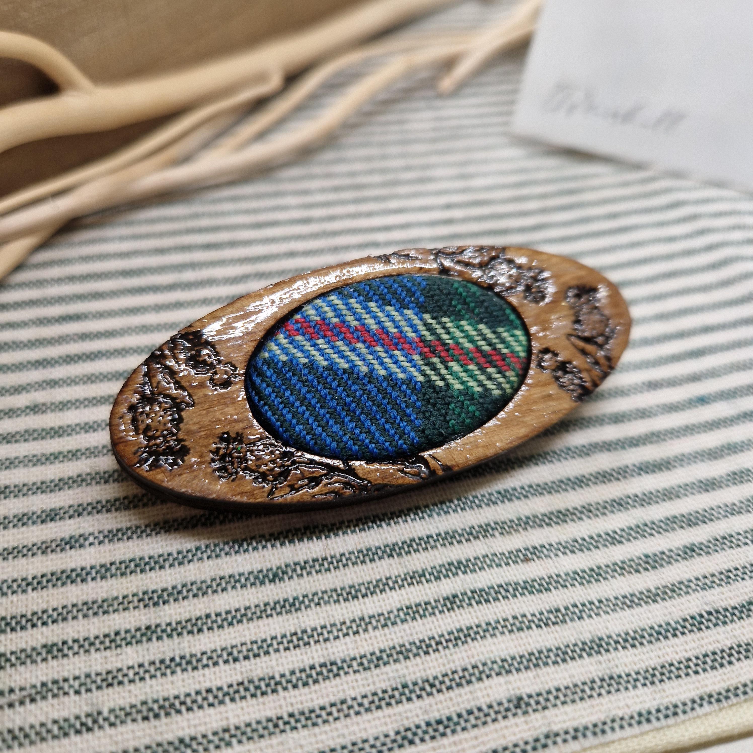 Handmade Rustic Scottish Thistle Tartan Brooch – Wood and Wool Brooch – Traditional Clan Tartan from Kilt Offcuts – Scottish Artist Made