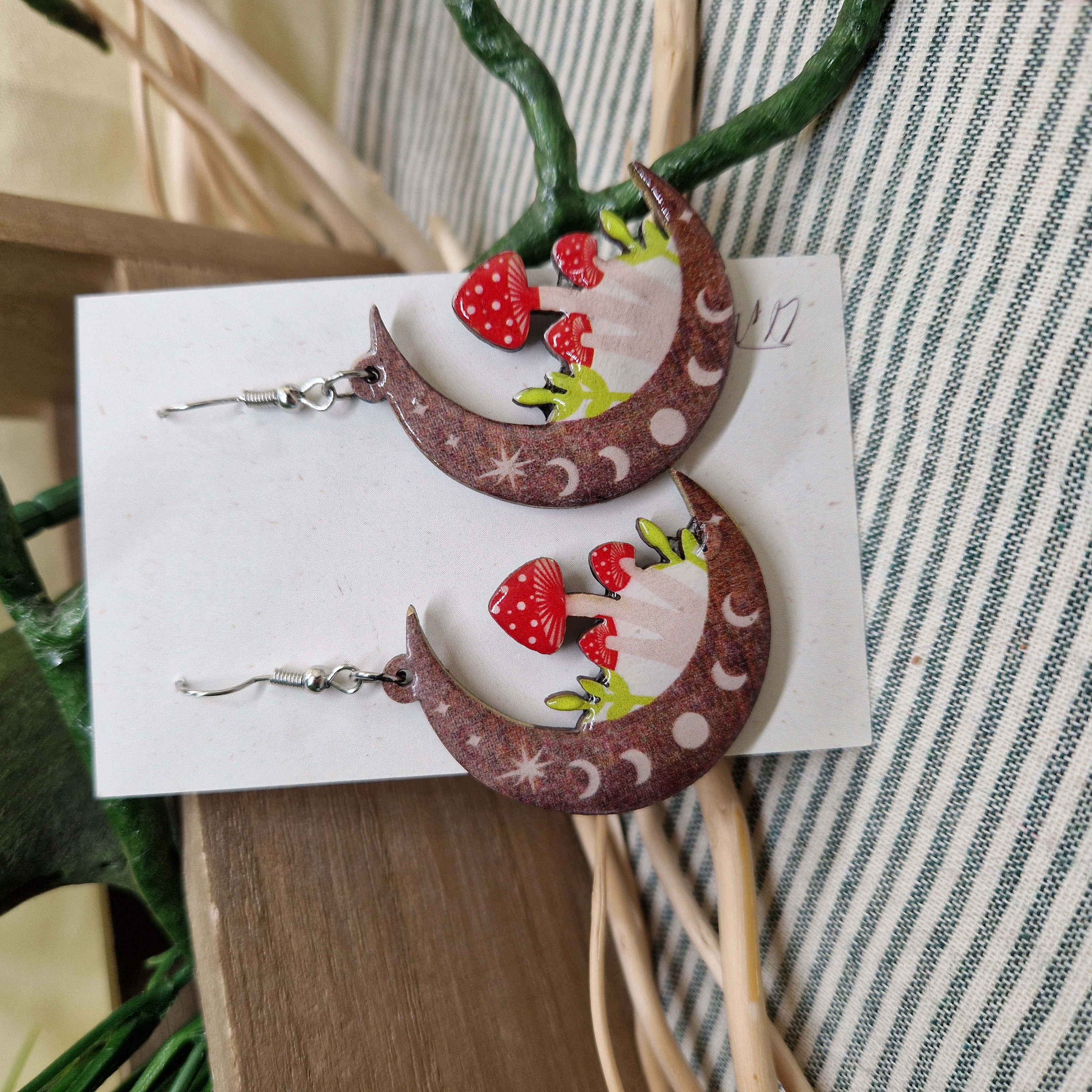 Handmade Mushroom Moon Earrings – Wooden Toadstool Crescent Drop Earrings, Cottage Witch Jewelry