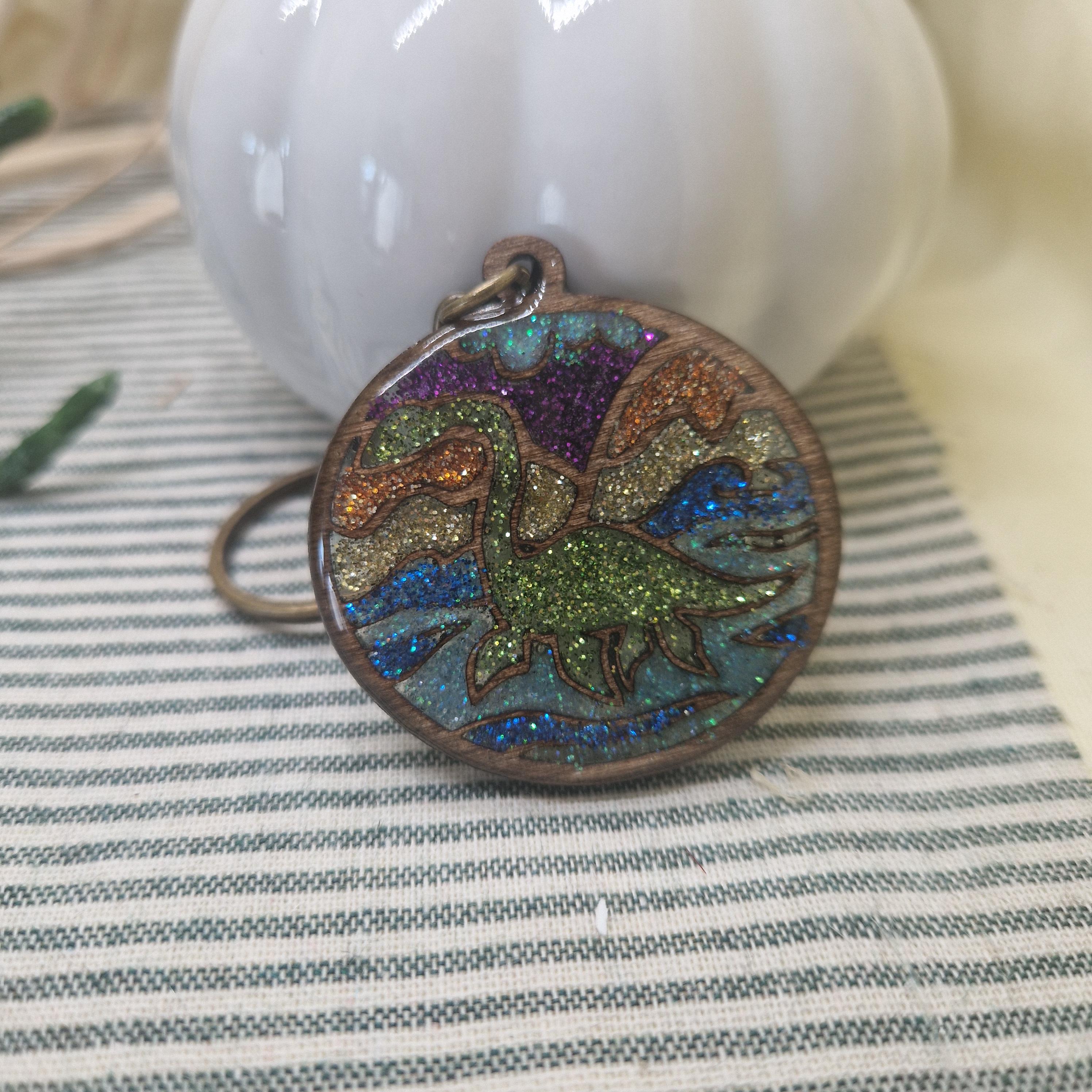 Nessie Keyring | Handmade Wood & Resin Keychain | Loch Ness Monster Glitter Charm | Scottish Myth Gift | Cryptid Accessory