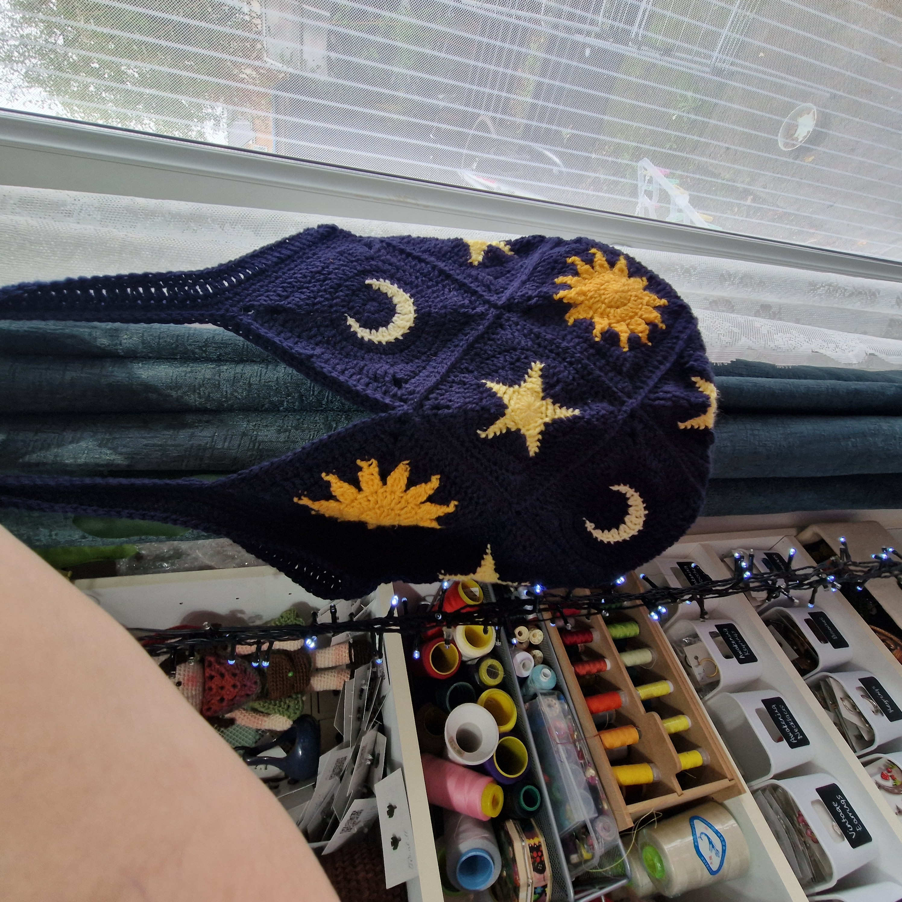 Handmade Celestial Crochet Bag – Moon, Sun & Star Granny Square Tote, Boho Folk Art Shoulder Bag