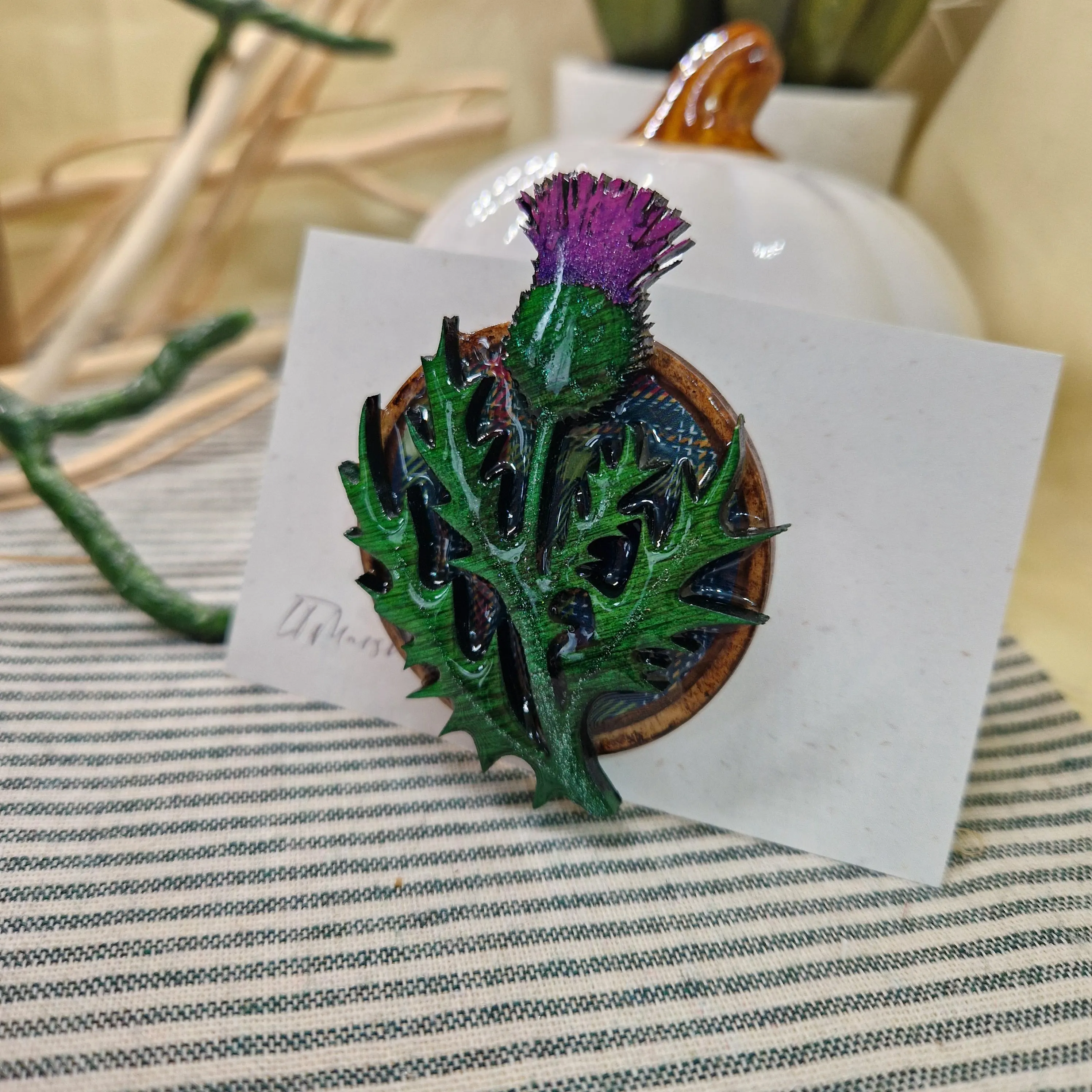 Handmade Scottish Thistle Brooch – Wood, Resin & Tartan Inlay | Made in Scotland