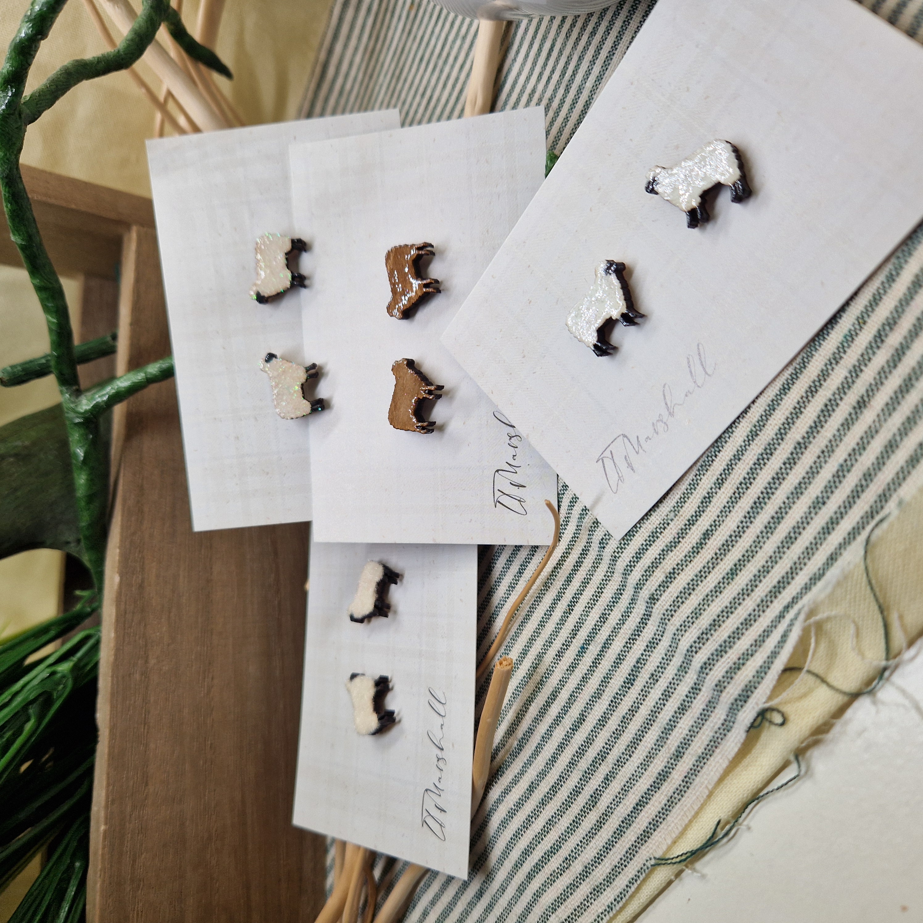 Handmade Sheep Earrings – Wooden Studs in Flocked, Glitter, Coloured or Stained Finish, Scottish Farm Jewelry