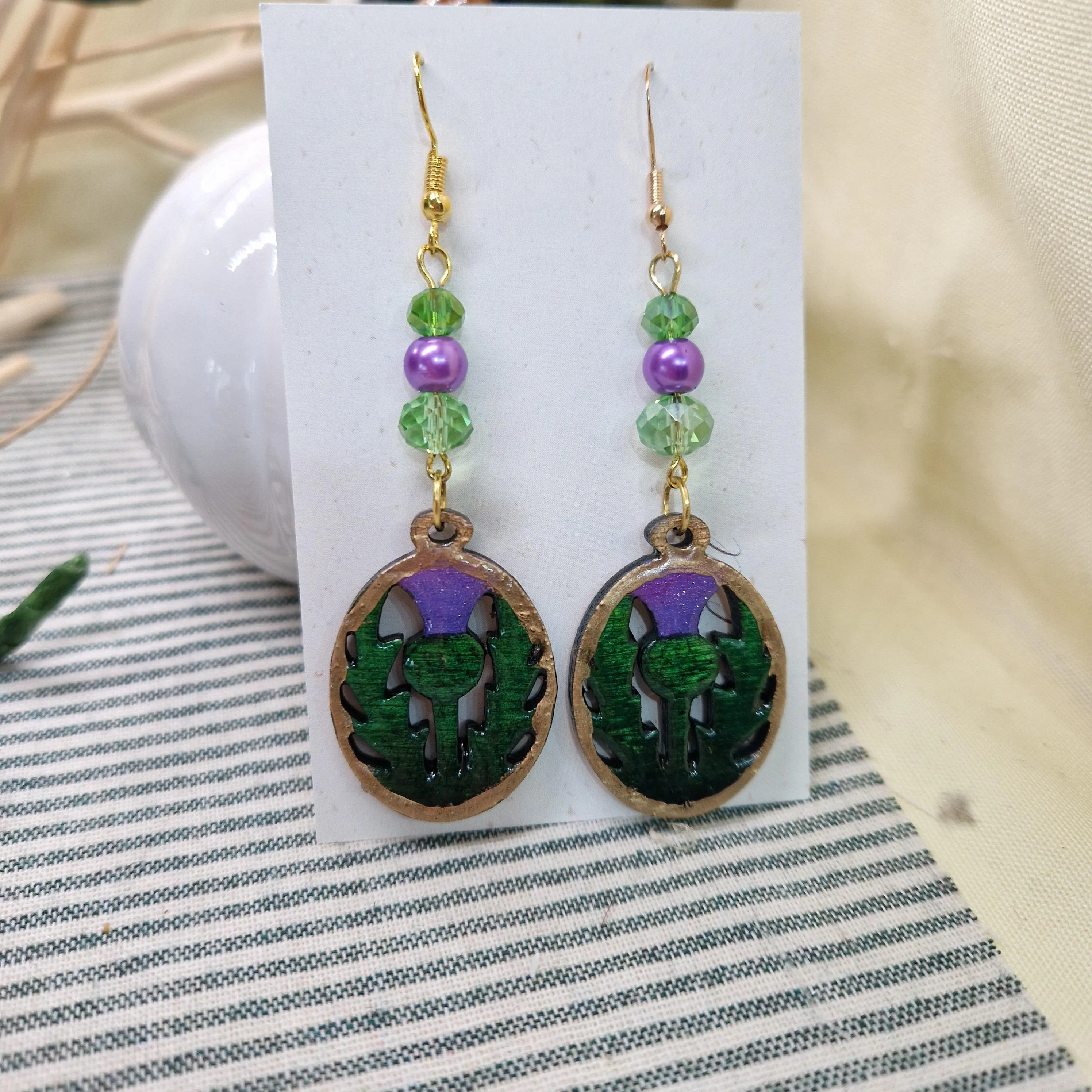 Scottish Thistle Earrings – Wood and Resin with Upcycled Vintage Beads – Handmade Nature Jewellery