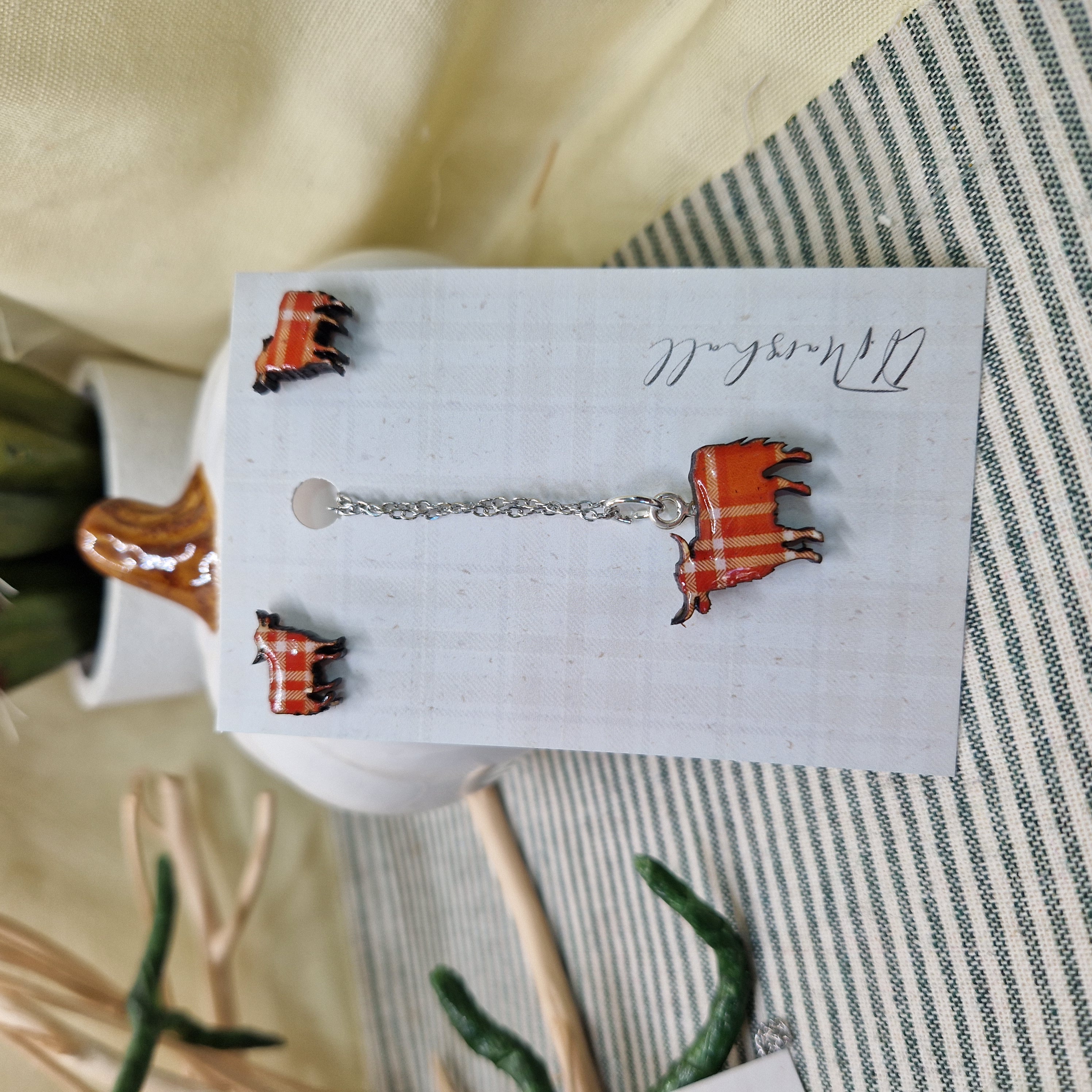 Handmade Loch Ness Monster Earrings and Necklace Set – Scottish Tartan Resin Jewellery