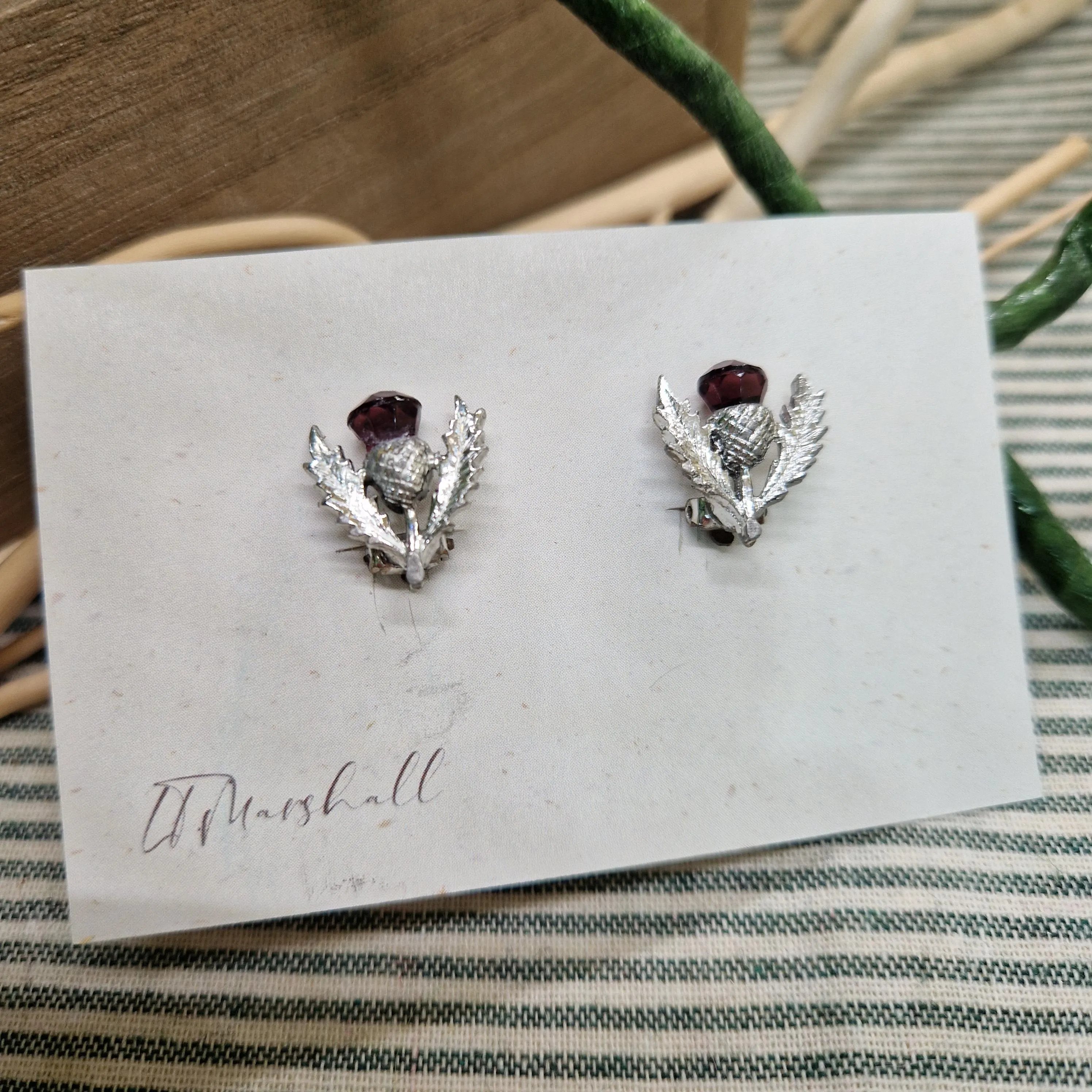 Vintage Thistle Clip-On Earrings – Restored Scottish Jewellery with Purple Stones