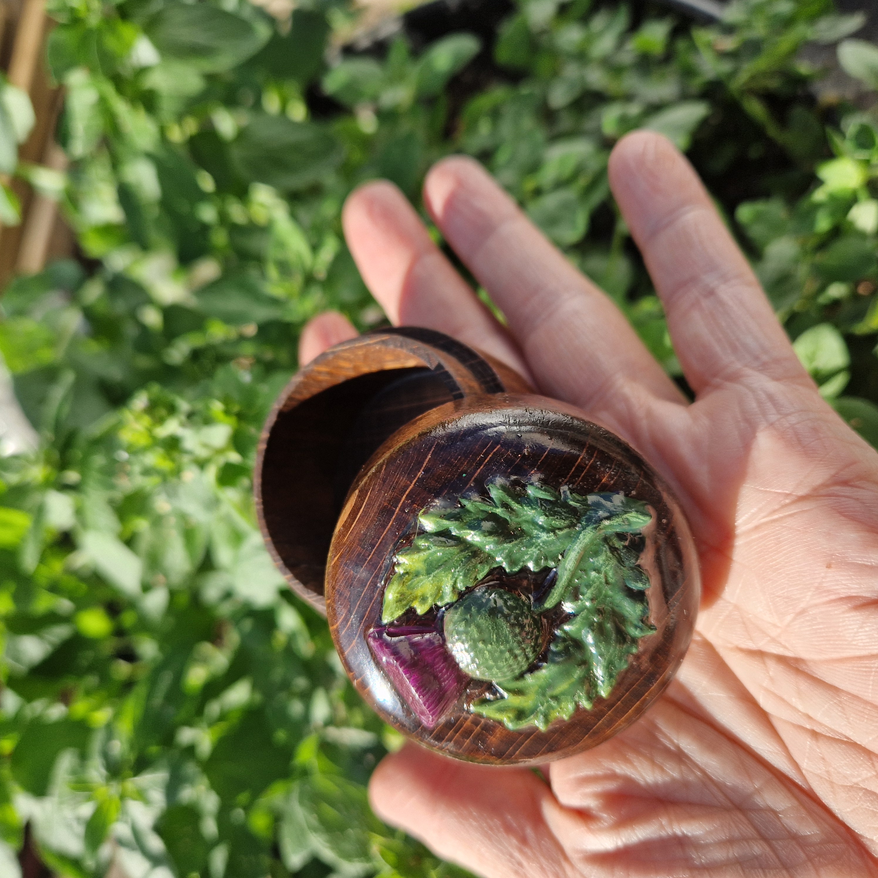 Handmade Wooden Trinket Box with Hand Painted Scottish Thistle – Small Pill or Keepsake Holder