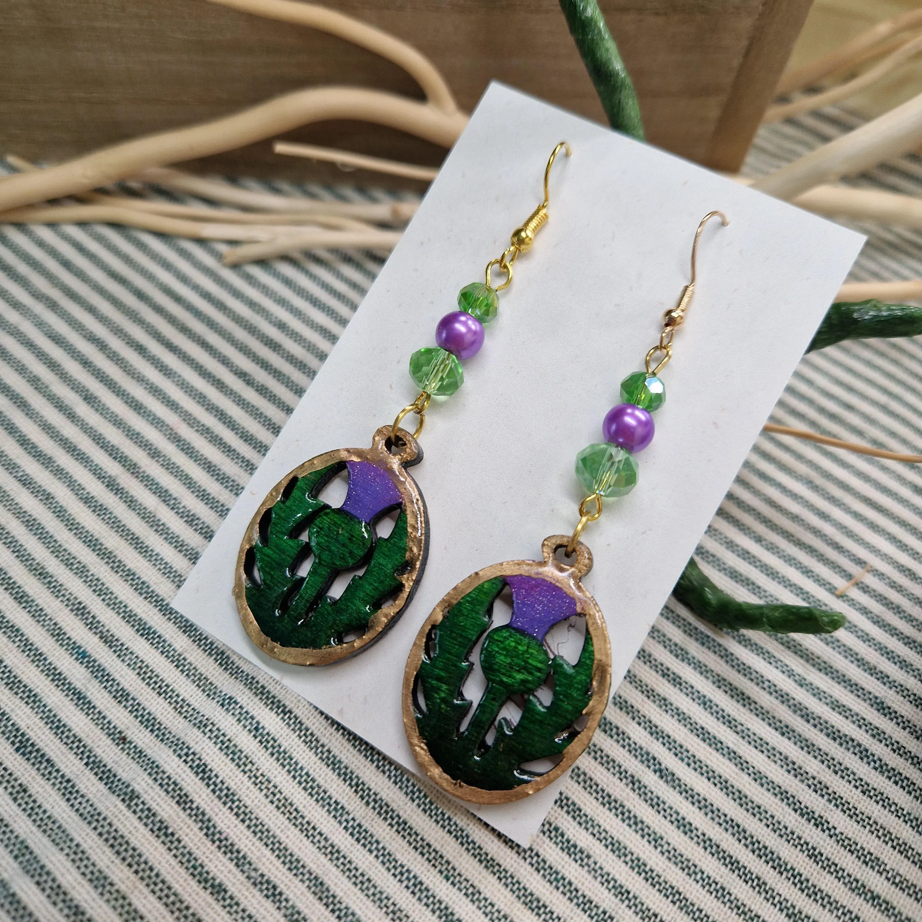 Scottish Thistle Earrings – Wood and Resin with Upcycled Vintage Beads – Handmade Nature Jewellery