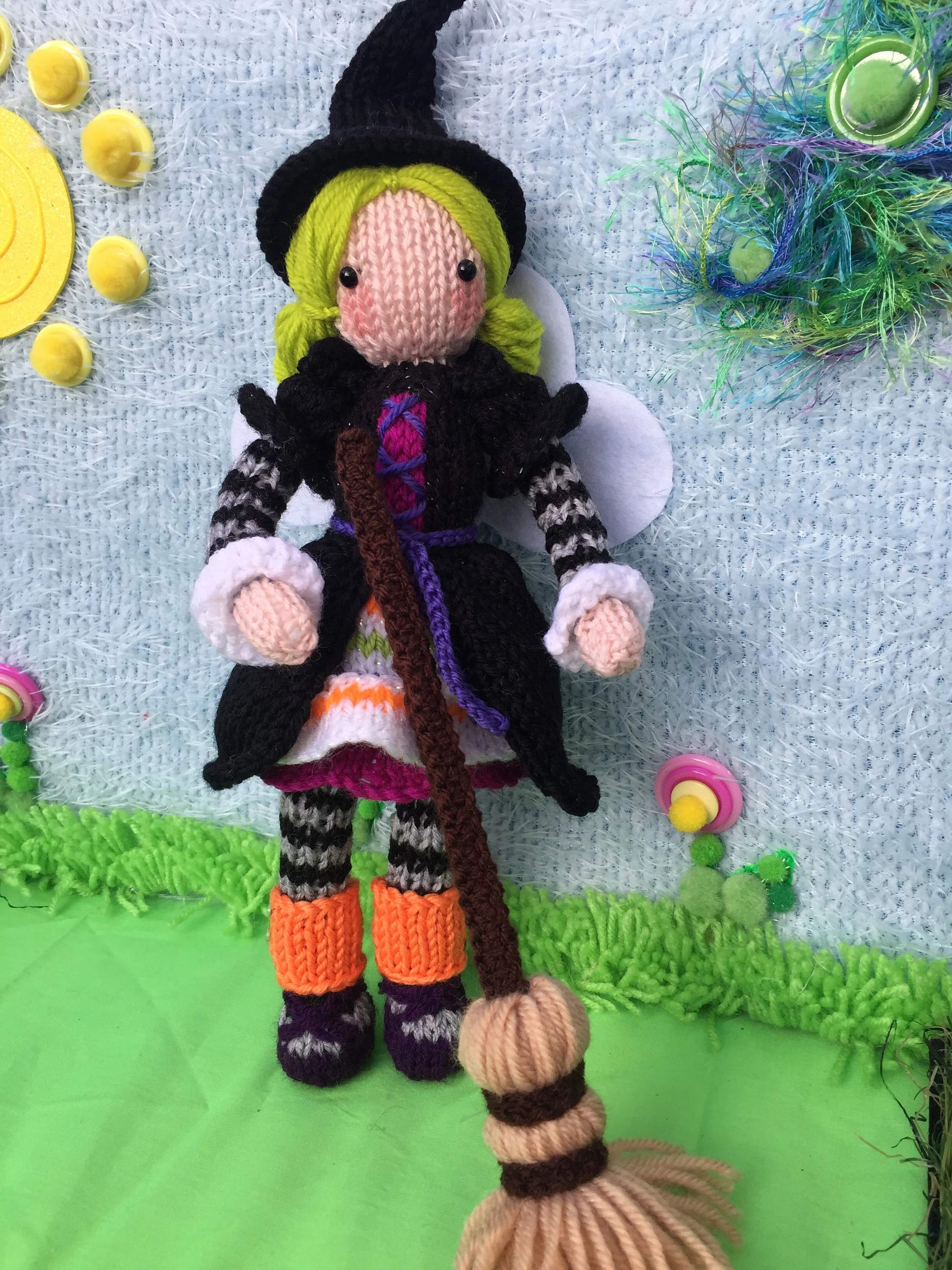 Willow the Witch Doll Knitting Pattern – Flat‑Knit Witch Plush with Broom PDF