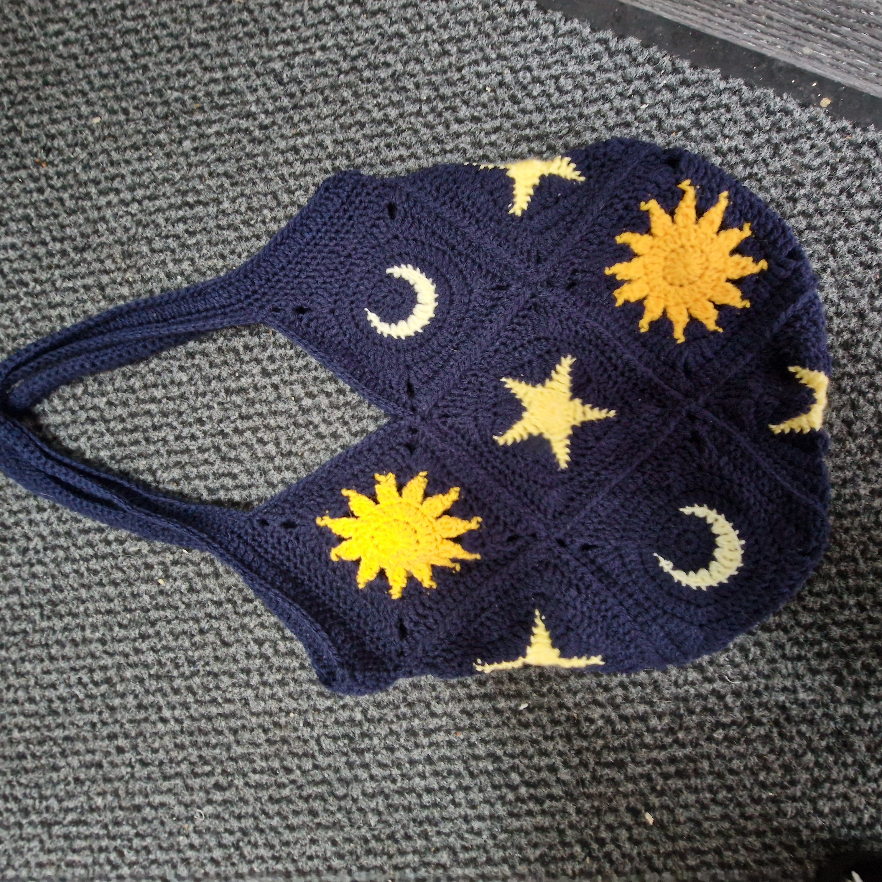 Handmade Celestial Crochet Bag – Moon, Sun & Star Granny Square Tote, Boho Folk Art Shoulder Bag