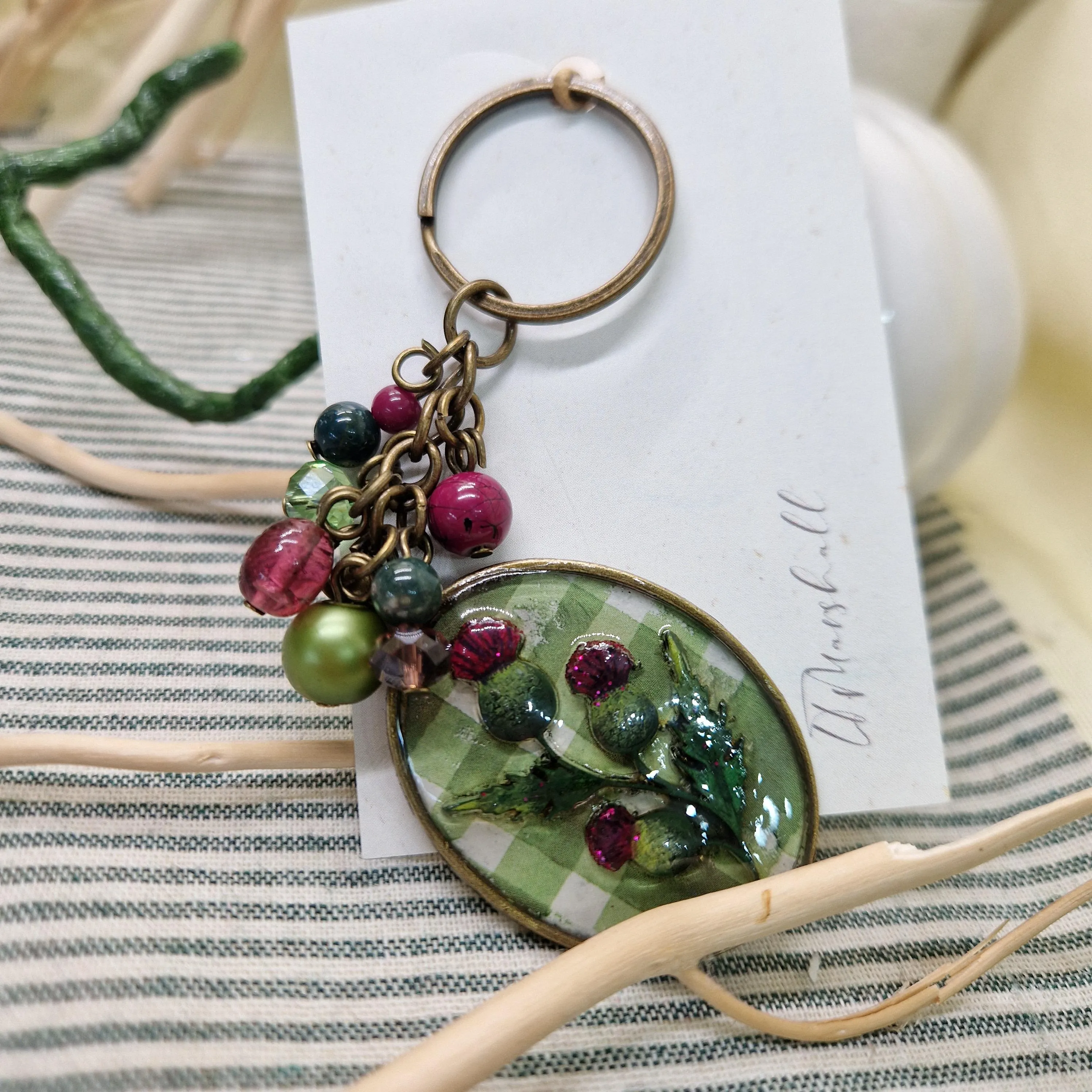 Thistle Keyring | Handmade Resin, Wood & Metal Keychain | Scottish Wildflower Accessory