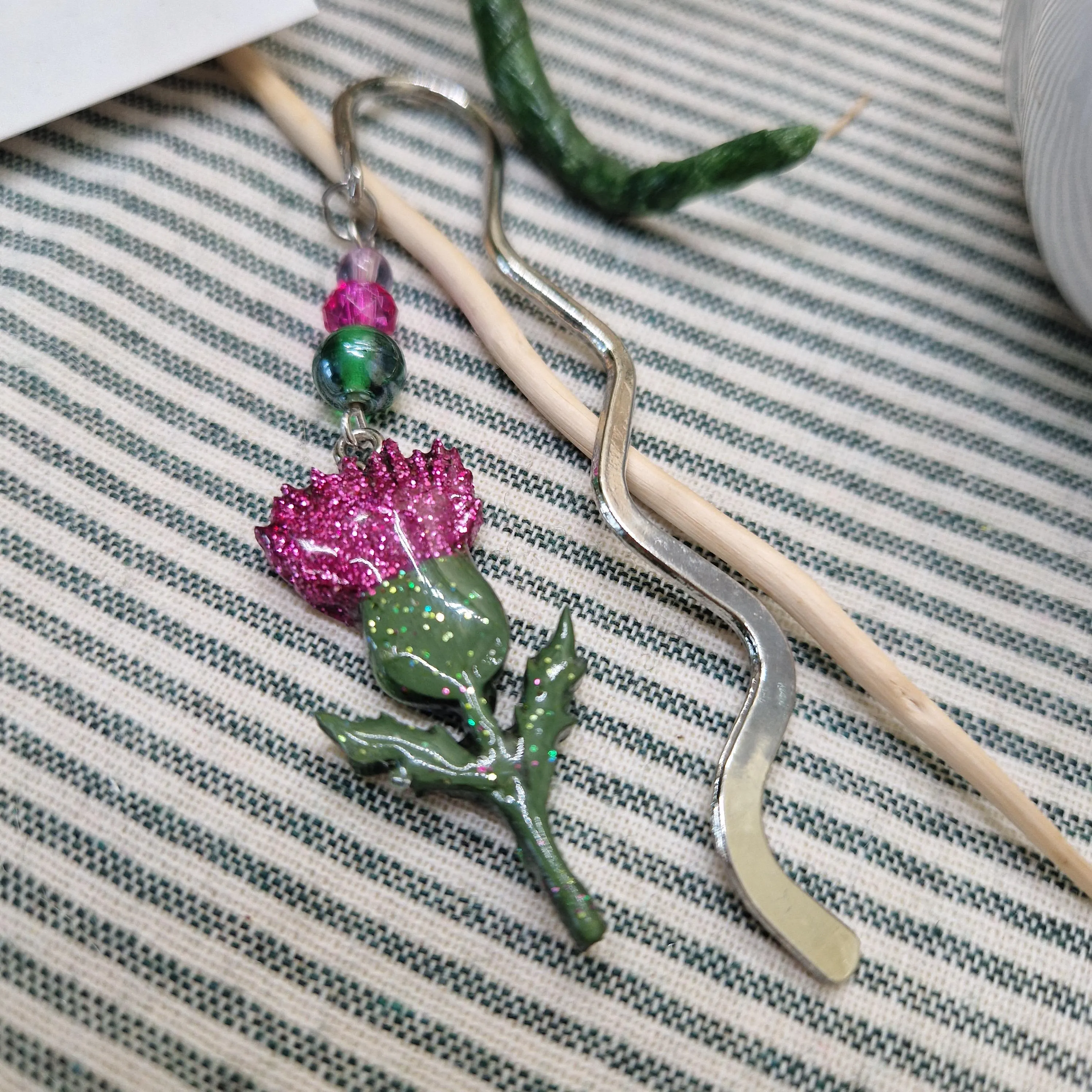 Sparkly Thistle Bookmark – Resin Scottish Flower with Beads | Handmade Botanical Page Marker