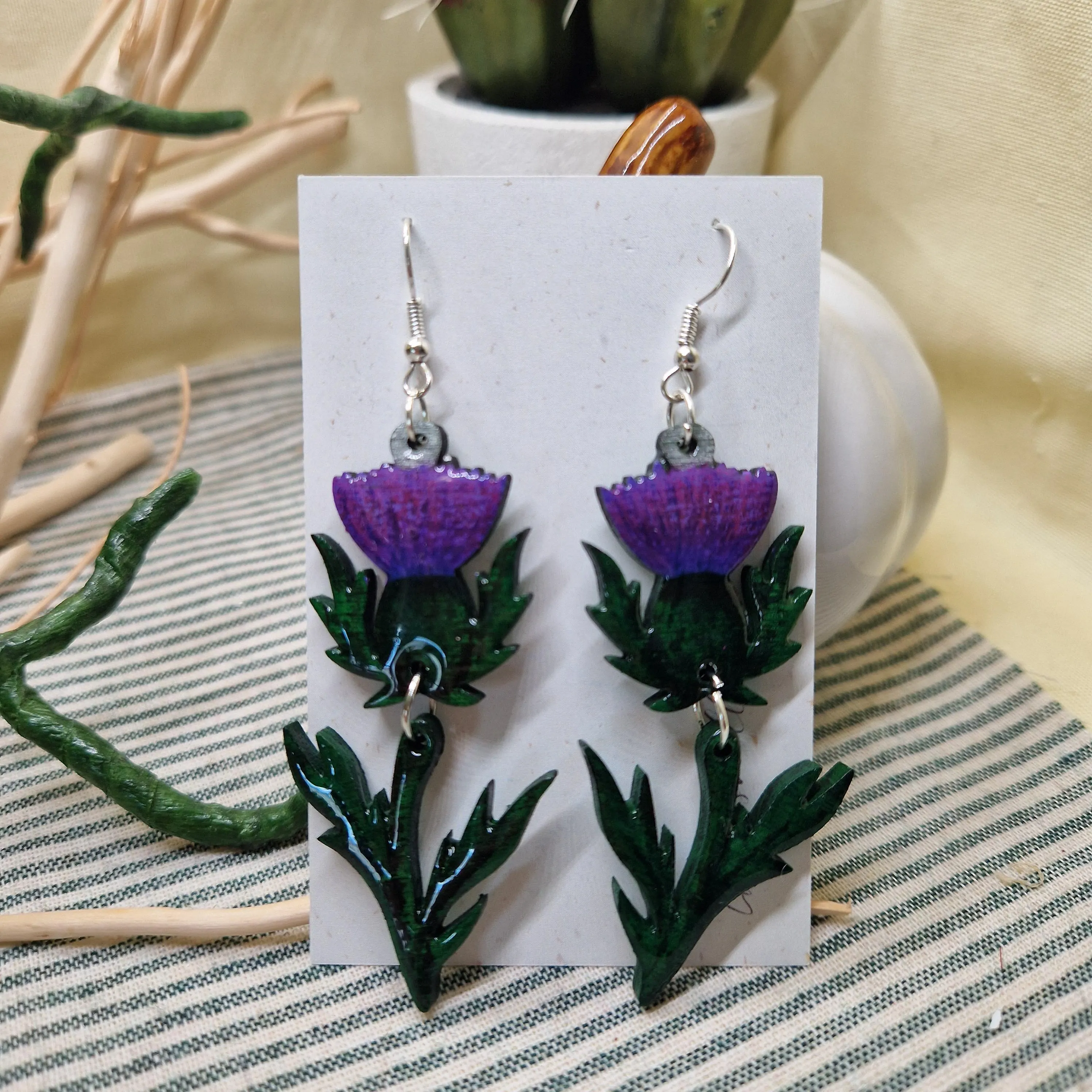 Handmade Thistle Earrings – Wooden & Resin Enamel with Vintage Glass Beads | Botanical Earrings | Scottish Flower Jewellery | Choose style