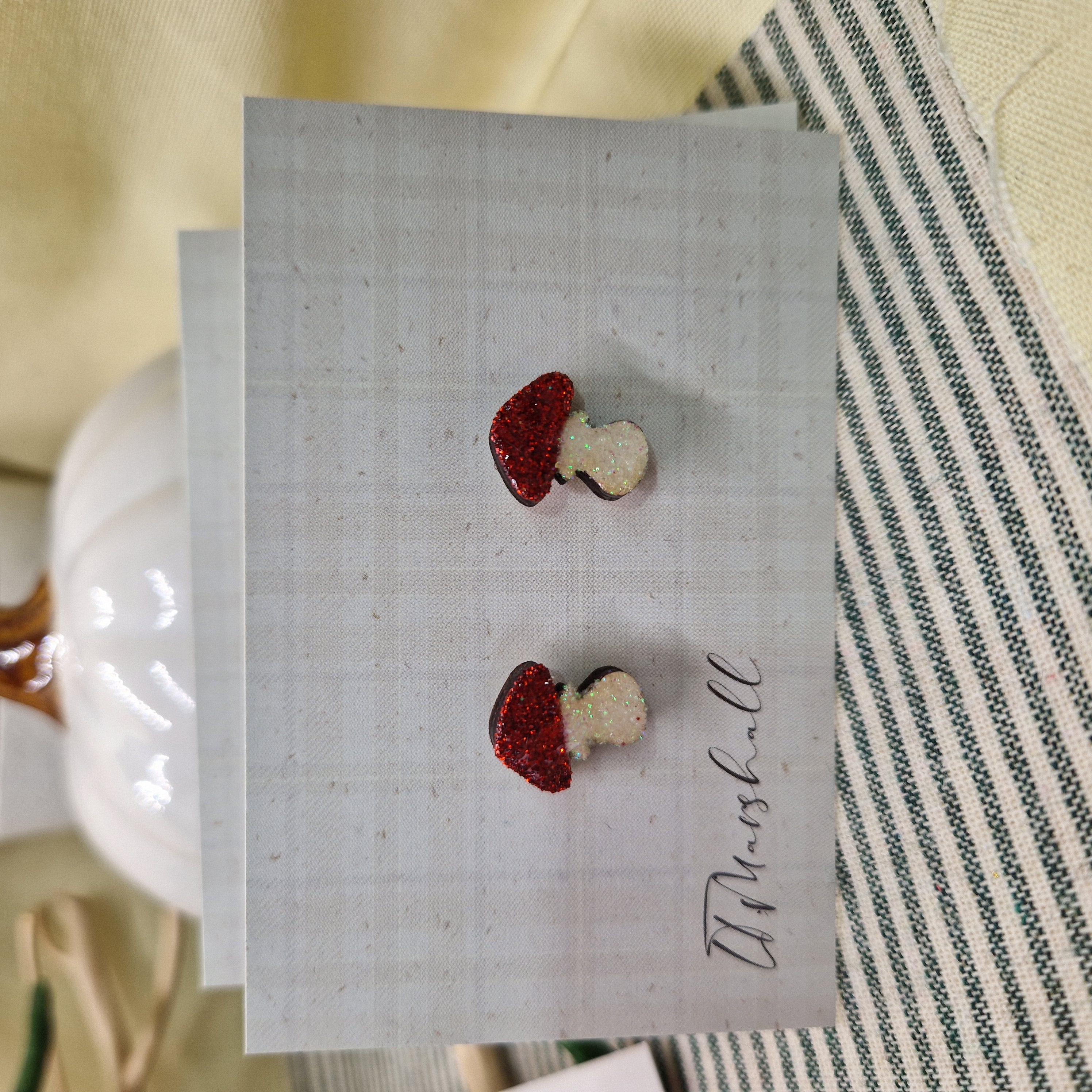 Handmade Toadstool Earrings – Wooden Studs in Flocked, Glitter, Coloured or Stained Finish, Cottagecore Jewelry