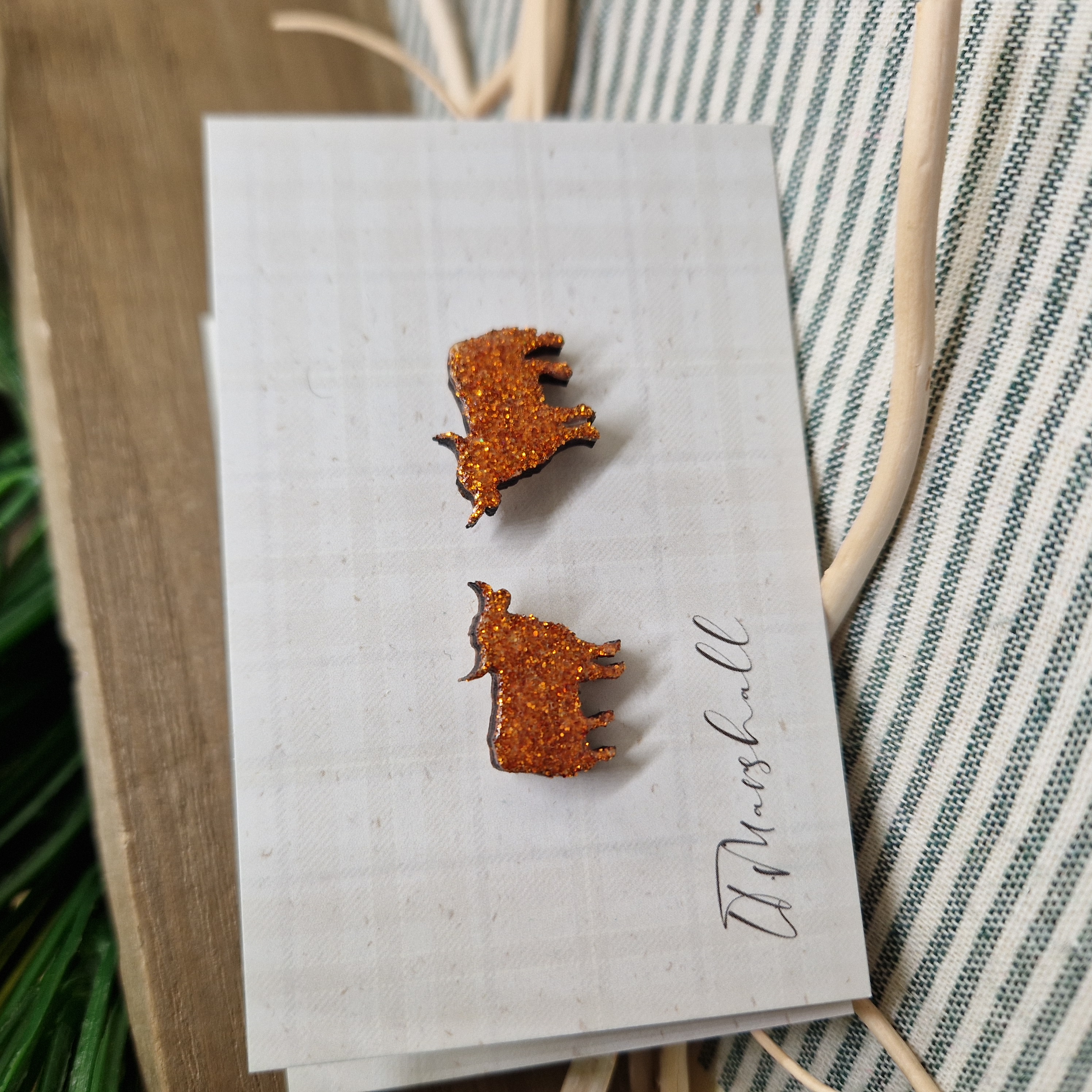Handmade Highland Cow Earrings – Wooden Studs in Flocked, Glitter, Coloured or Stained Finish, Scottish Jewelry