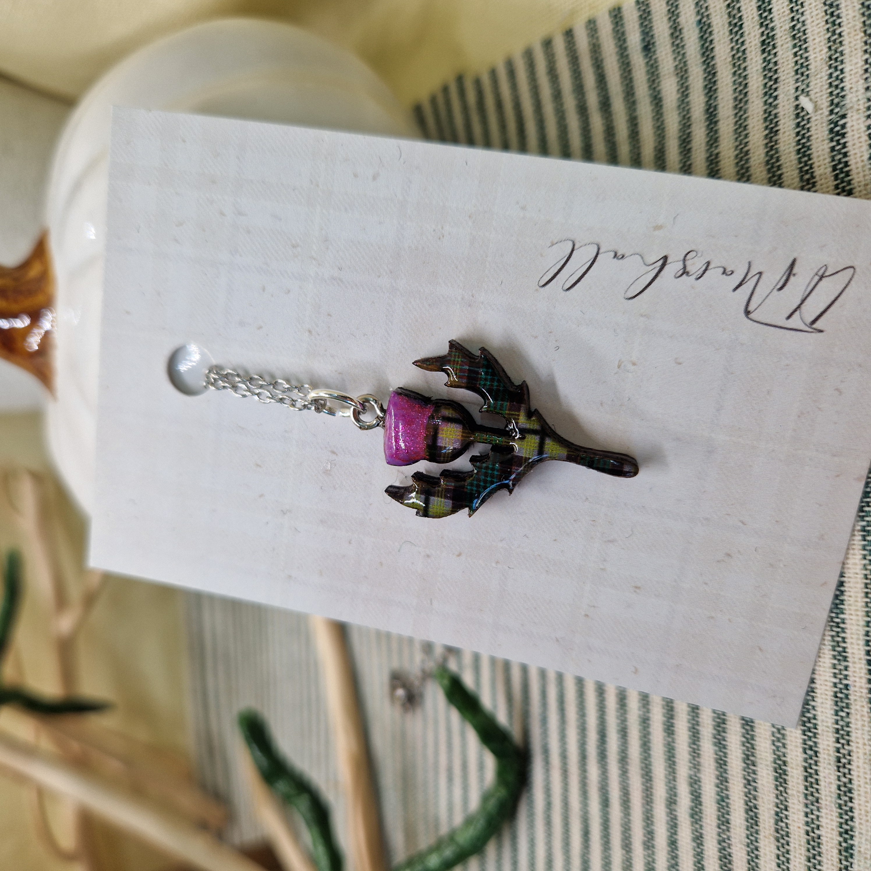 Handmade Scottish Thistle Necklace – Tartan Resin Pendant on Stainless Steel Chain