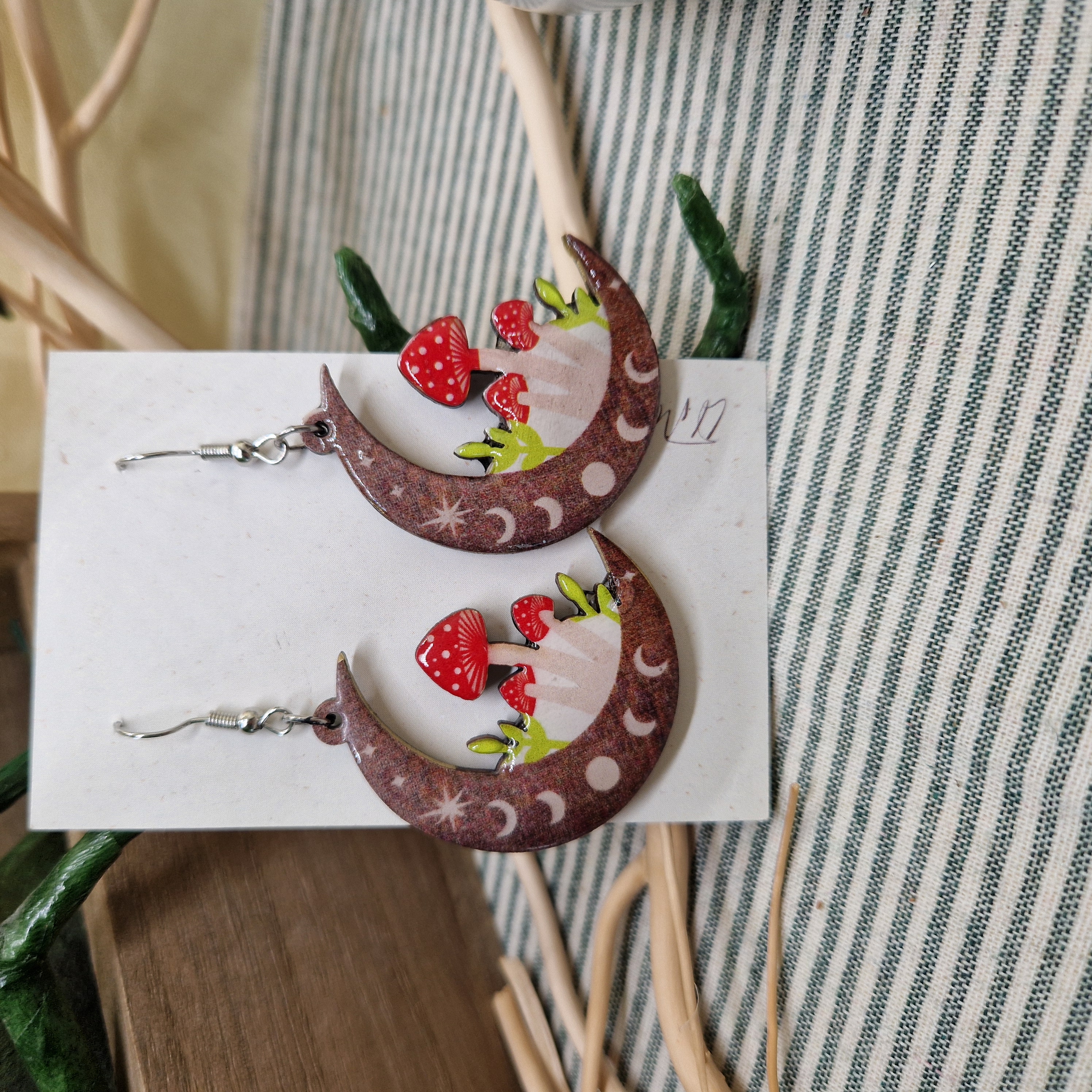 Handmade Mushroom Moon Earrings – Wooden Toadstool Crescent Drop Earrings, Cottage Witch Jewelry